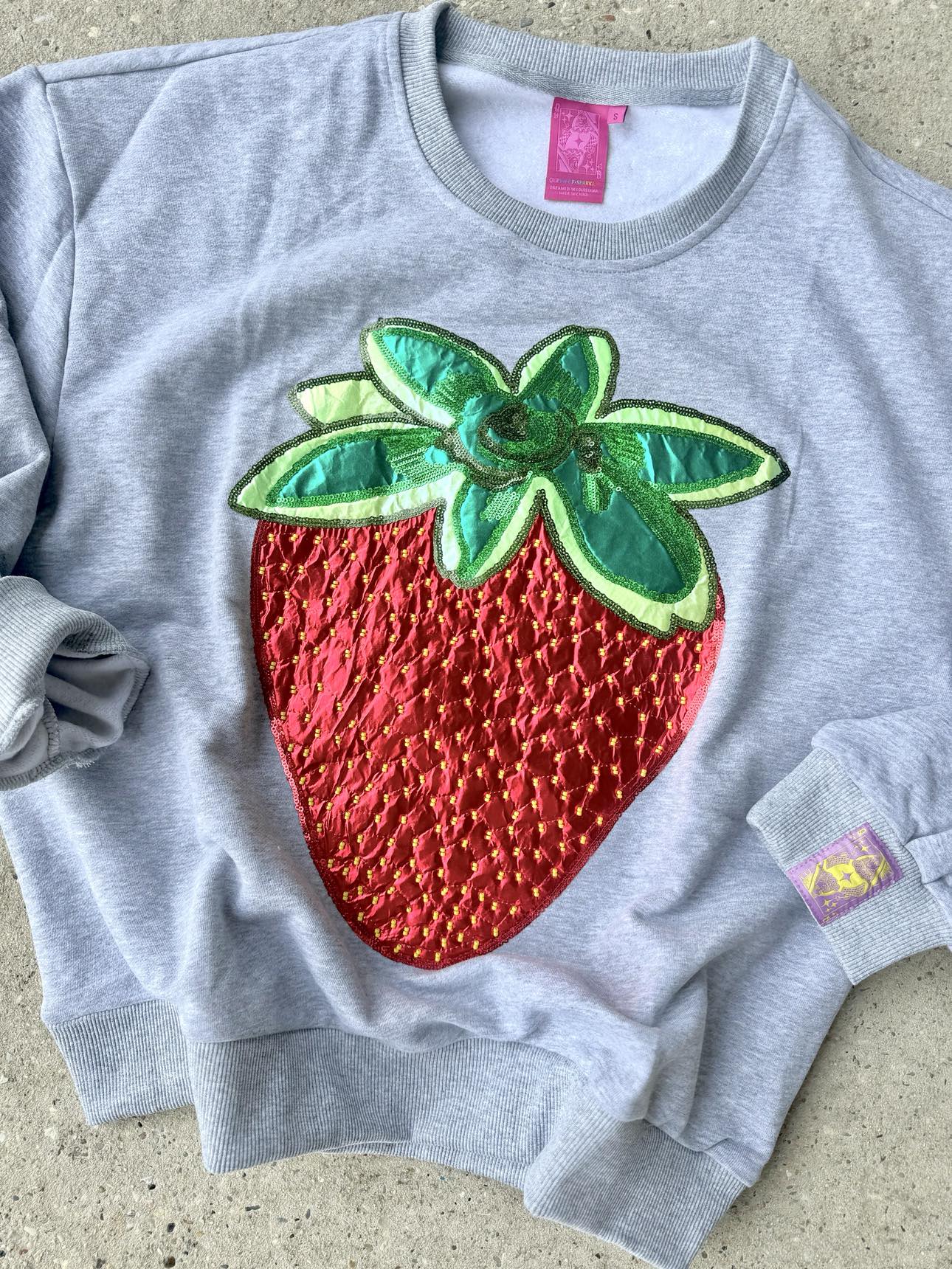 Queen Of Sparkles Grey Metallic Strawberry Sweatshirt