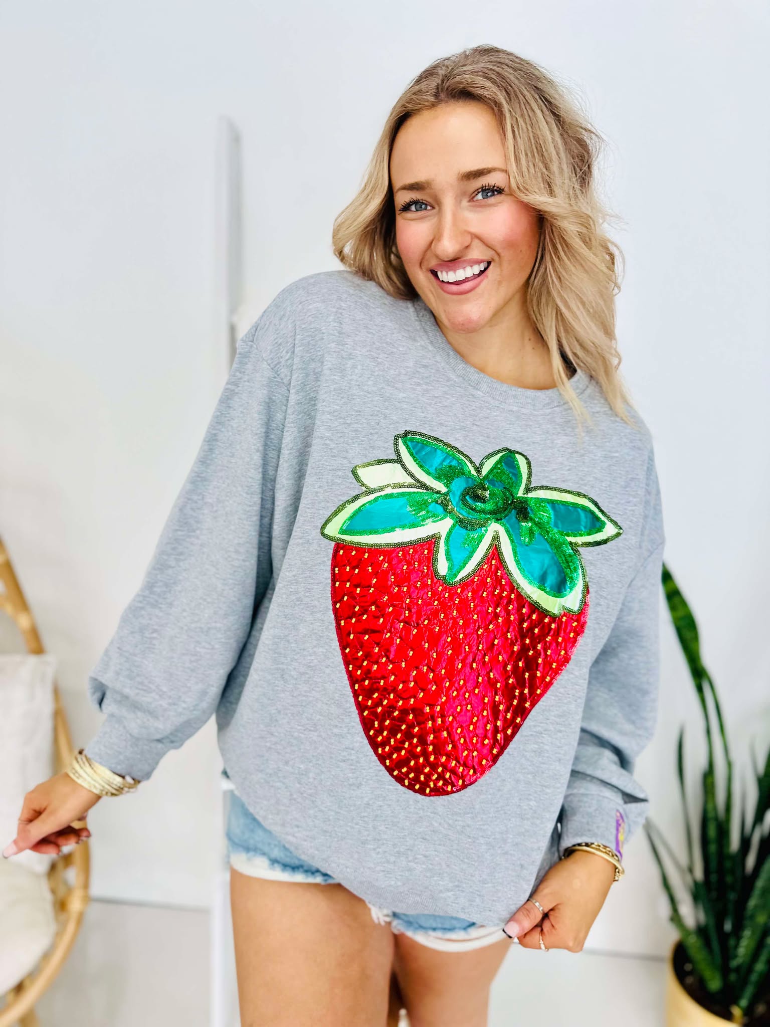 Queen Of Sparkles Grey Metallic Strawberry Sweatshirt