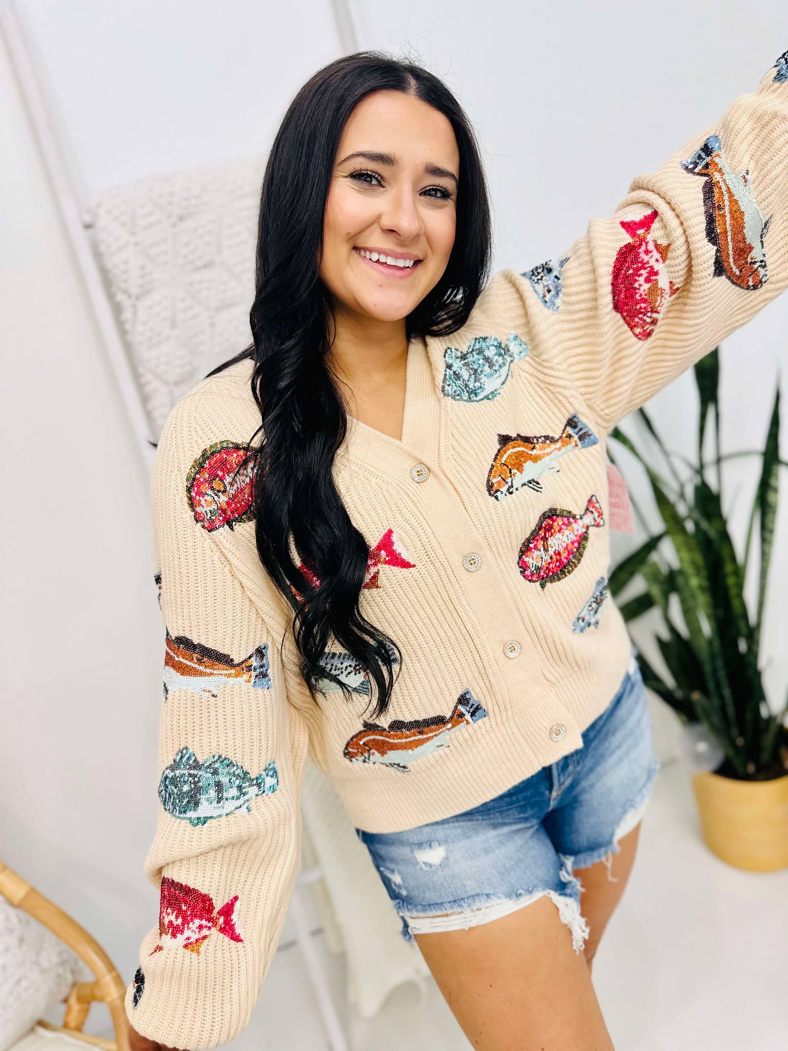 Queen Of Sparkles Beige Fish Cardigan