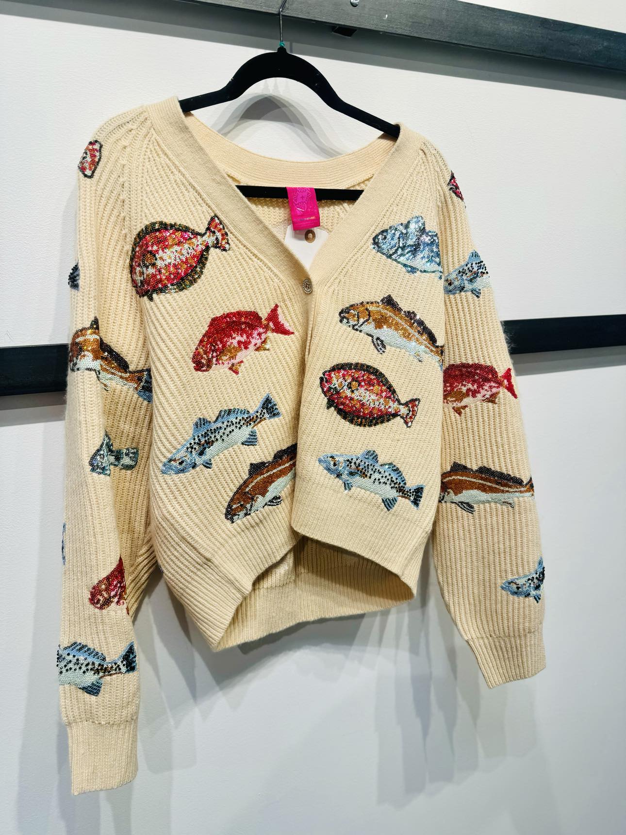 Queen Of Sparkles Beige Fish Cardigan