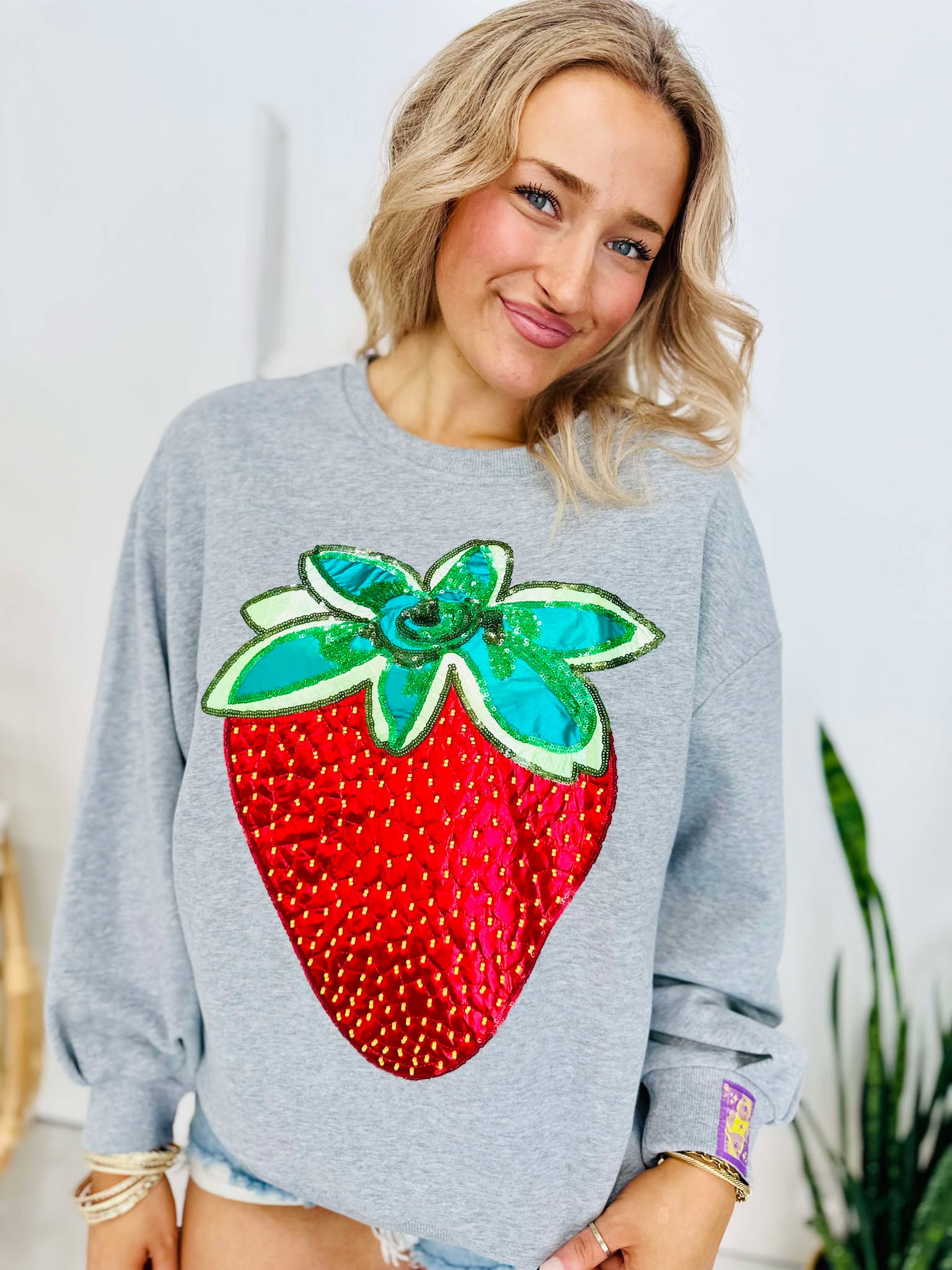 Queen Of Sparkles Grey Metallic Strawberry Sweatshirt