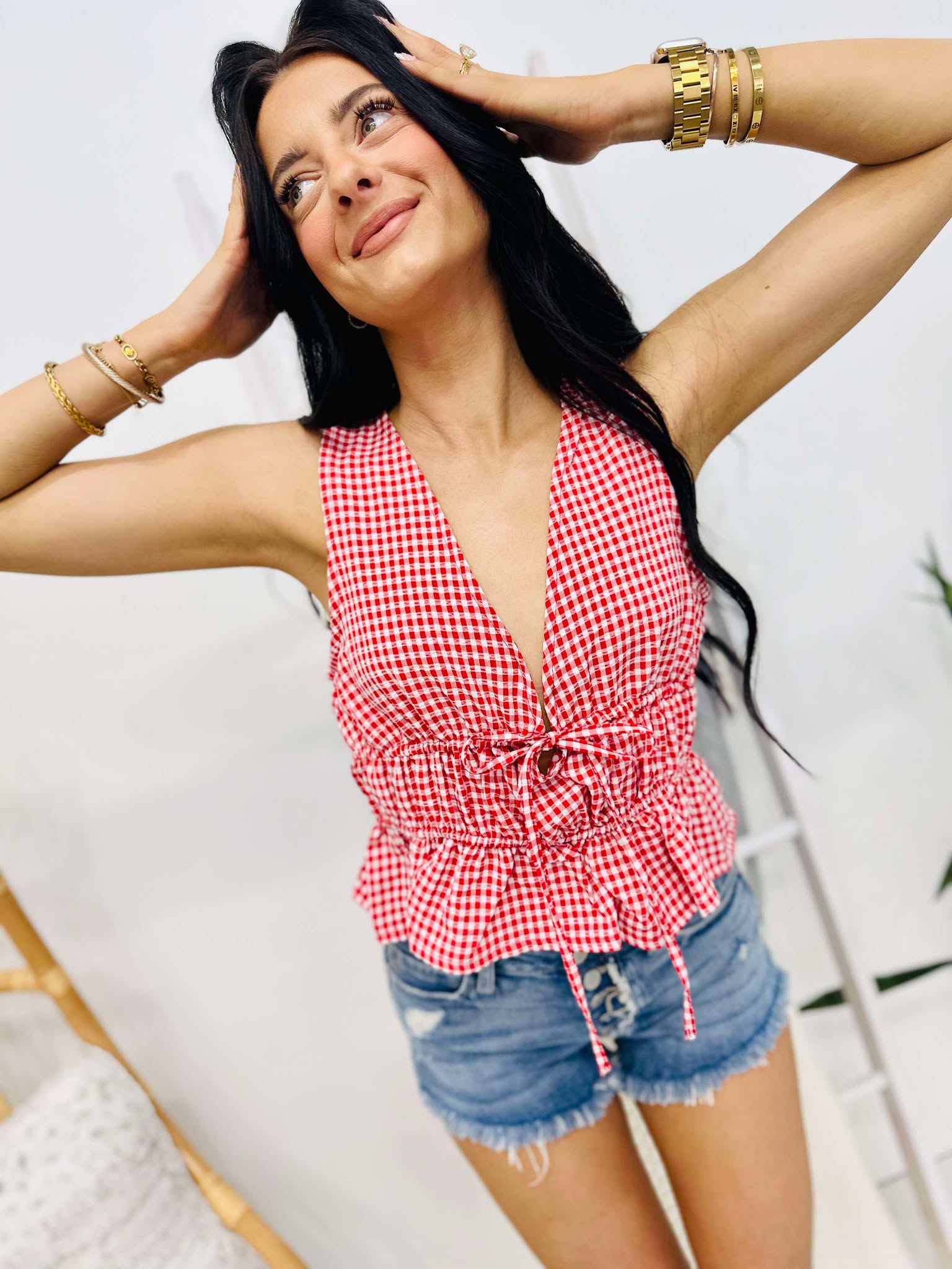 Endless Possibilities Gingham Tie Top