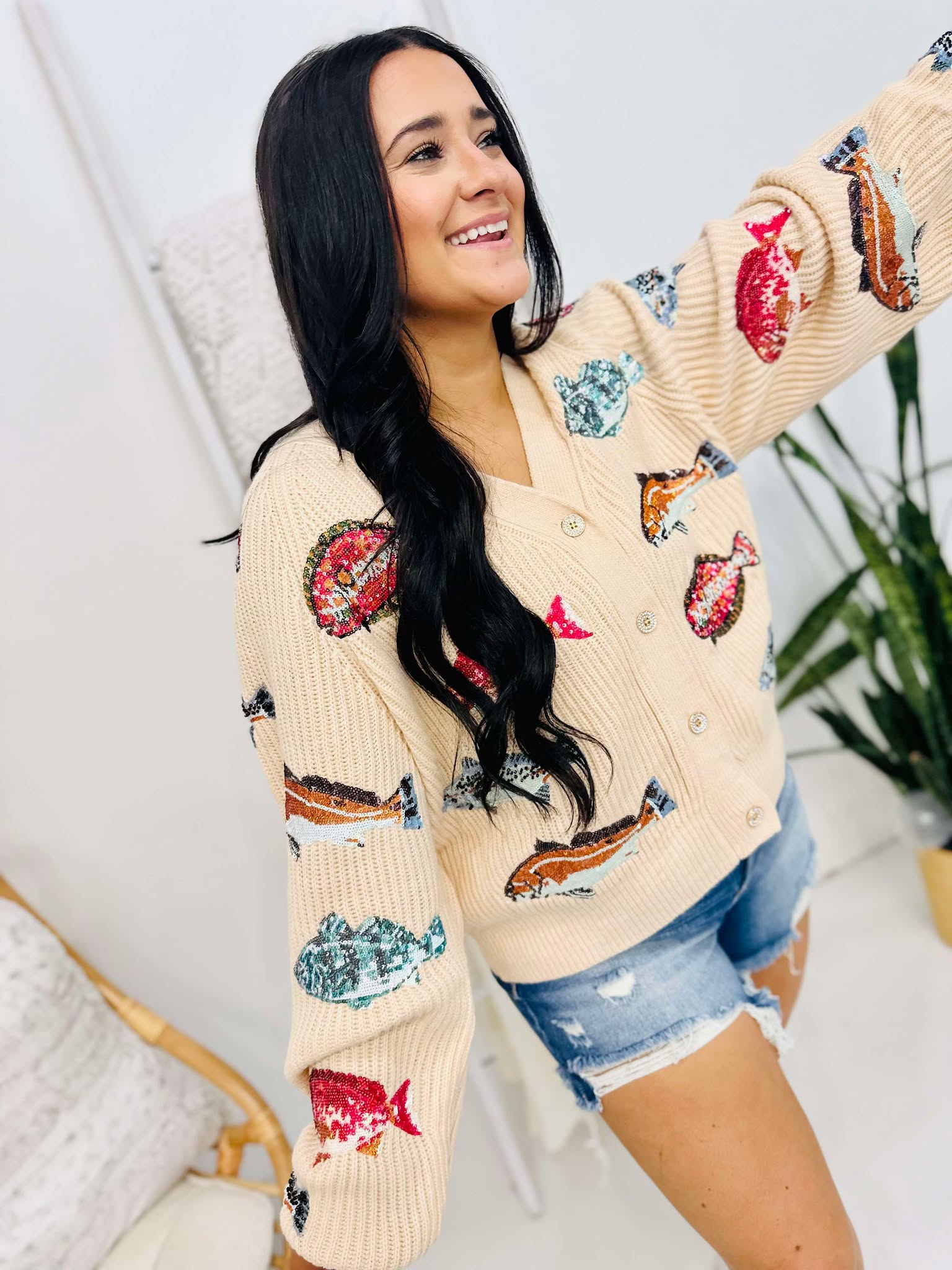 Queen Of Sparkles Beige Fish Cardigan