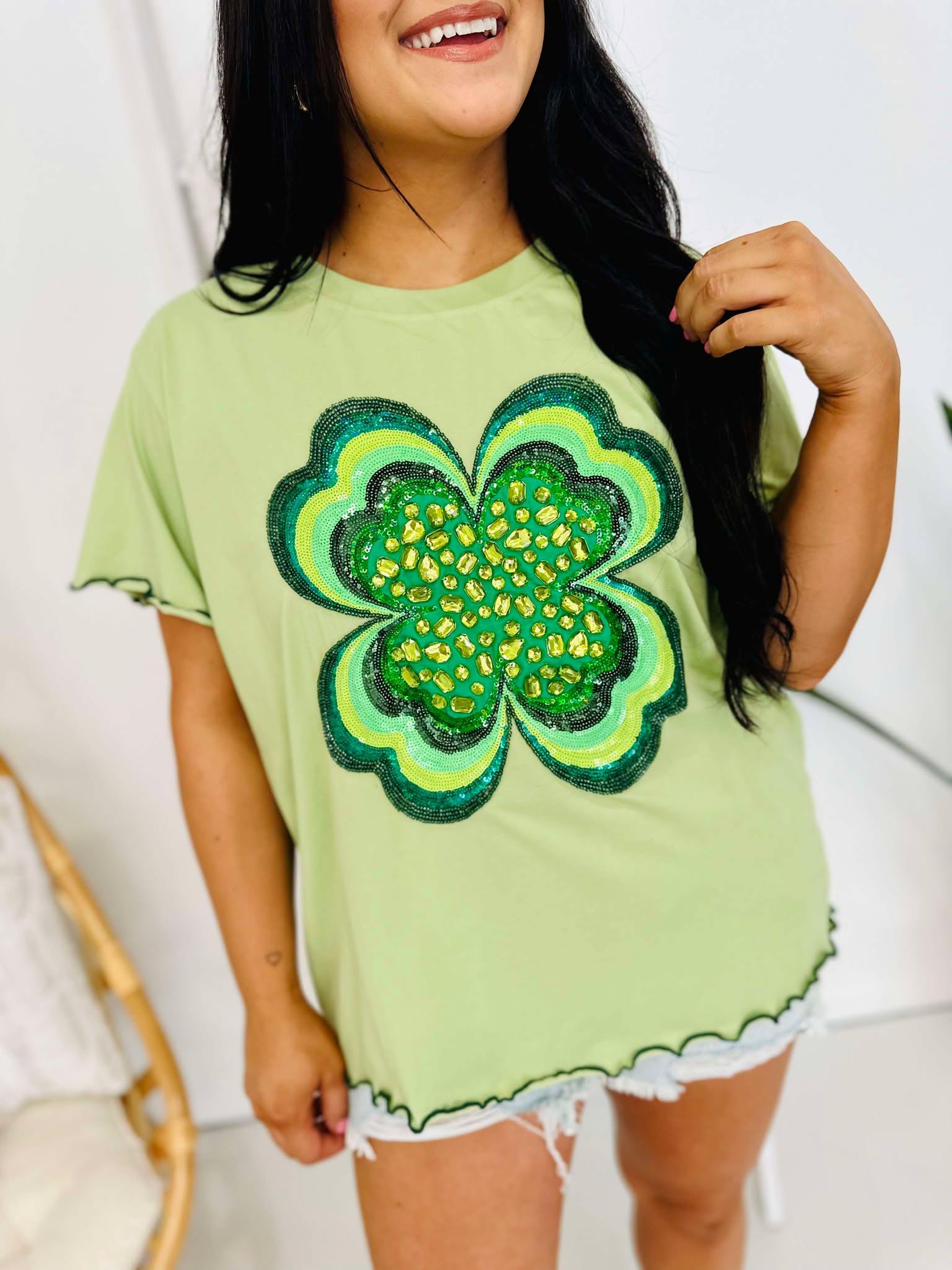 Queen Of Sparkles Light Green Frilly Shamrock Top