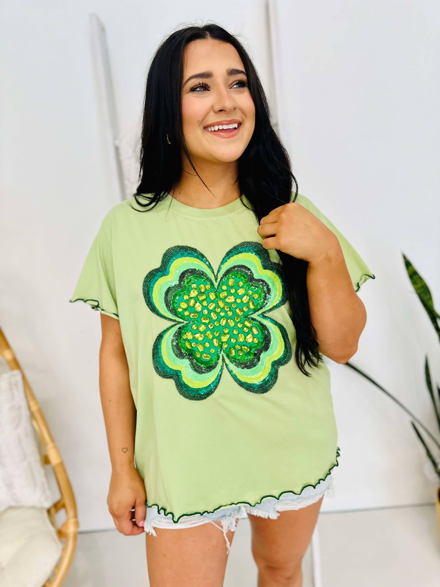 Queen Of Sparkles Light Green Frilly Shamrock Top