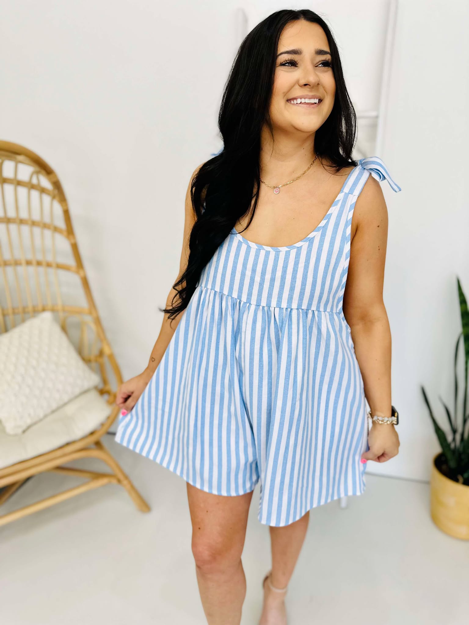 Striped Bow Accent Shoulders Relaxed Fit Romper