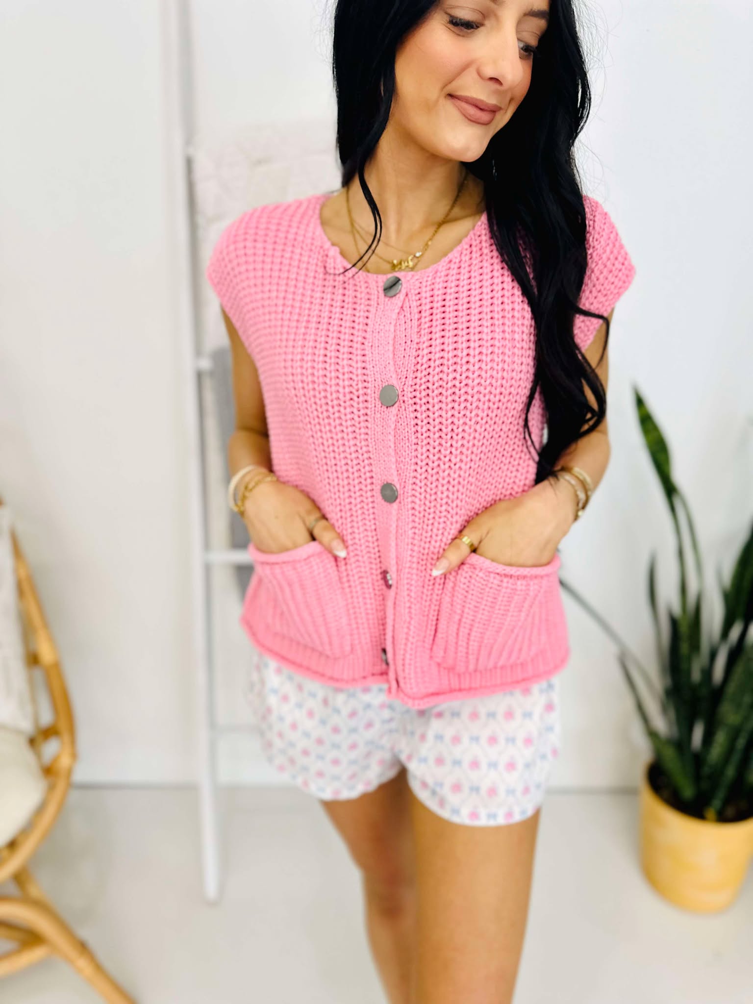 Pink Button-Down Knitted Sweater Vest