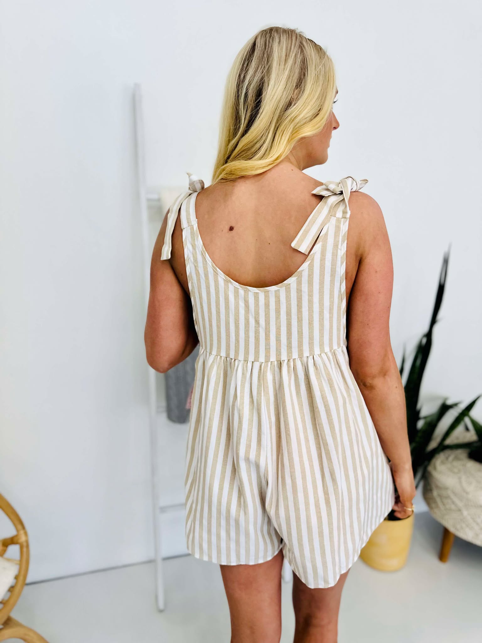 Striped Bow Accent Shoulders Relaxed Fit Romper