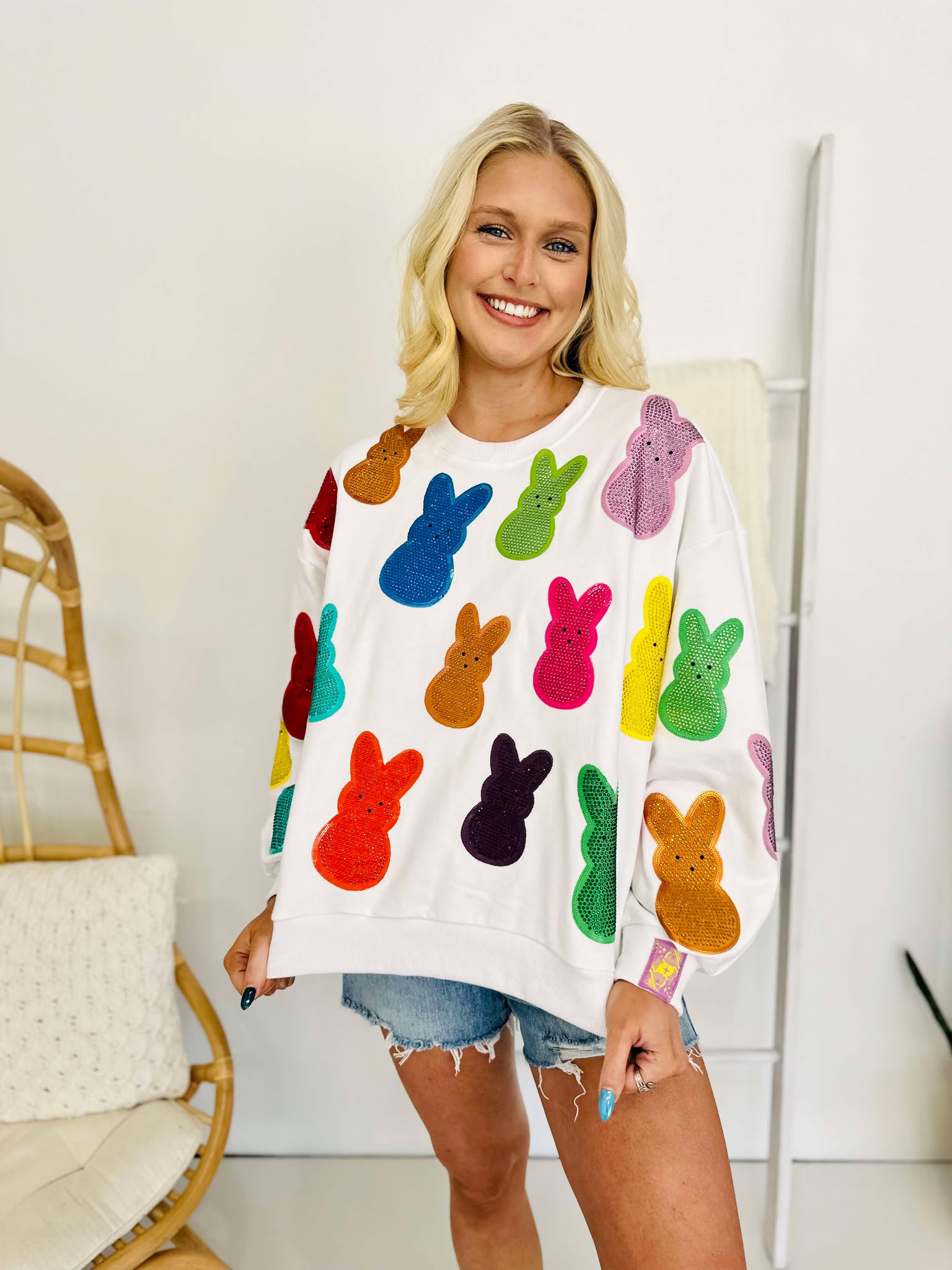 Queen Of Sparkles White Multi Peeps Sweatshirt