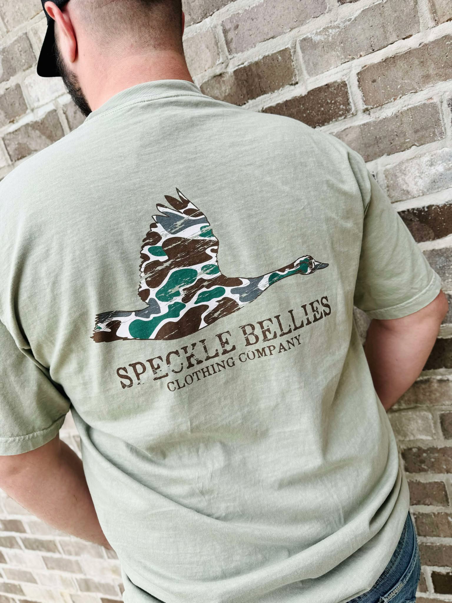 Speckle Bellies Camo Goose Pocket Graphic Tee