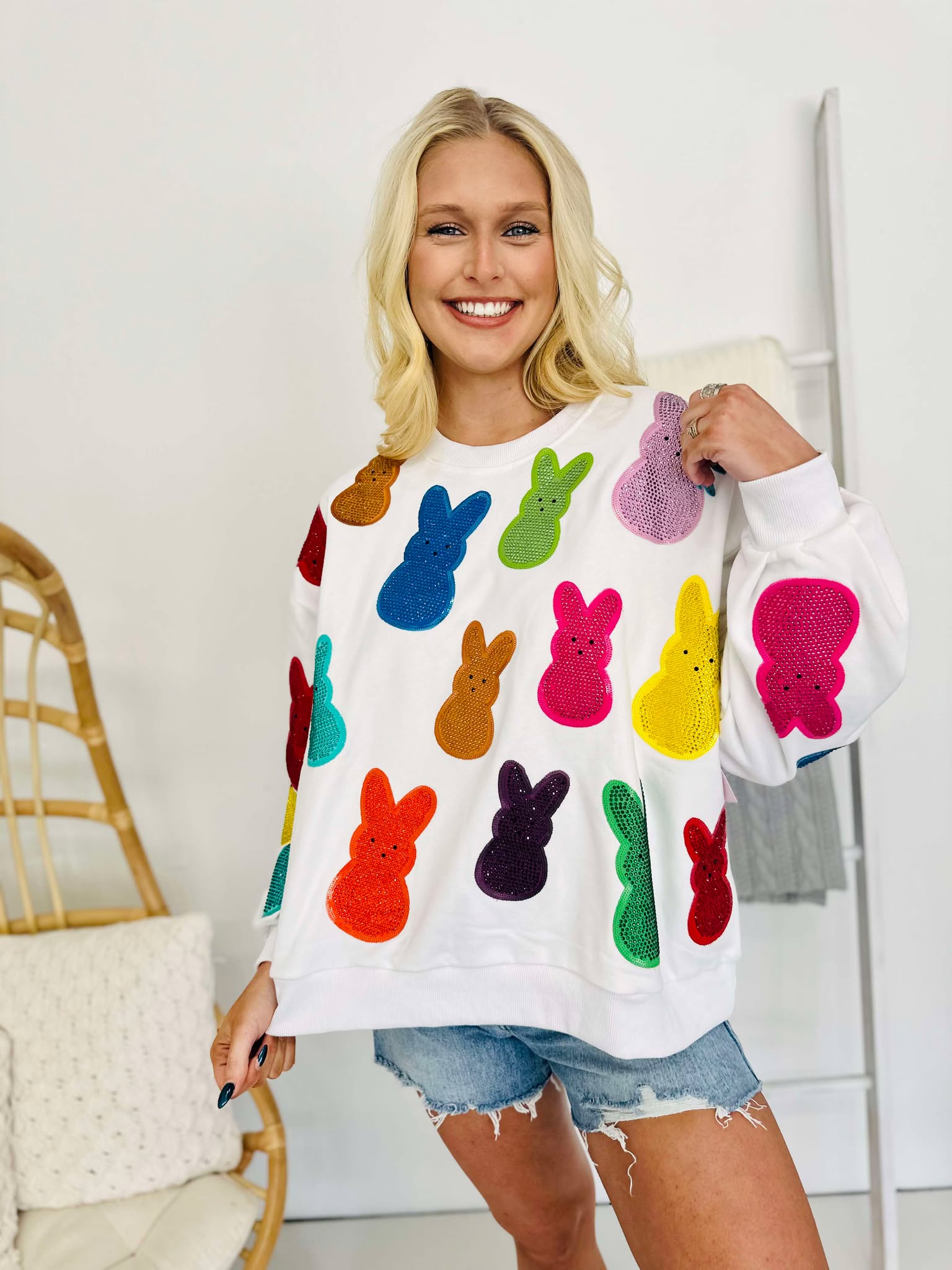 Queen Of Sparkles White Multi Peeps Sweatshirt