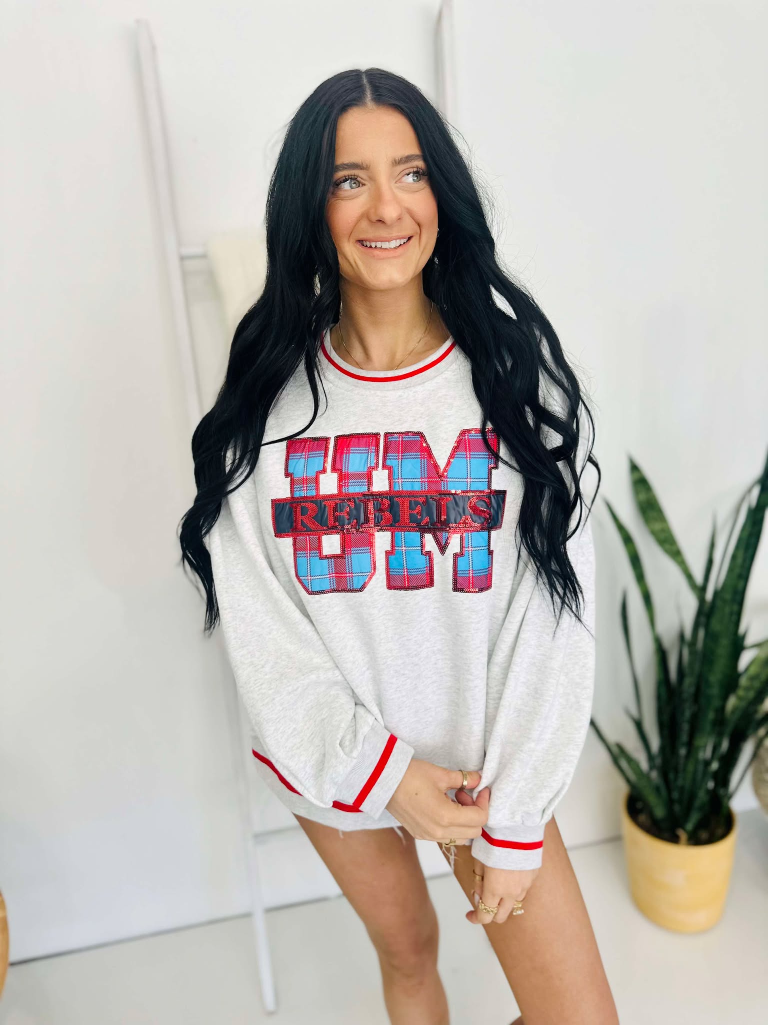 Queen Of Sparkles Licensed- Grey Plaid UM Rebels Sweatshirt