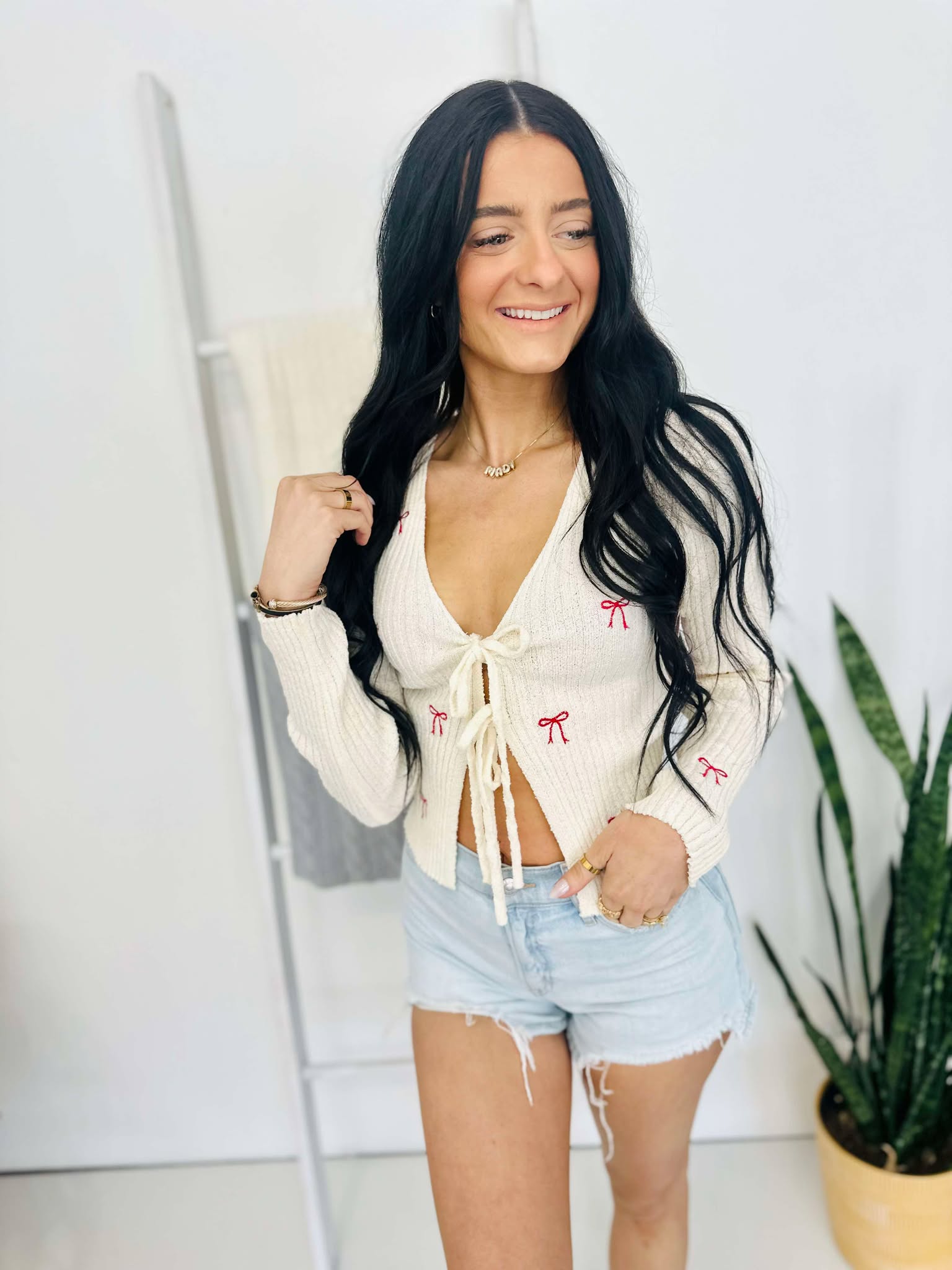 Bow Embroidered Front Tie Top