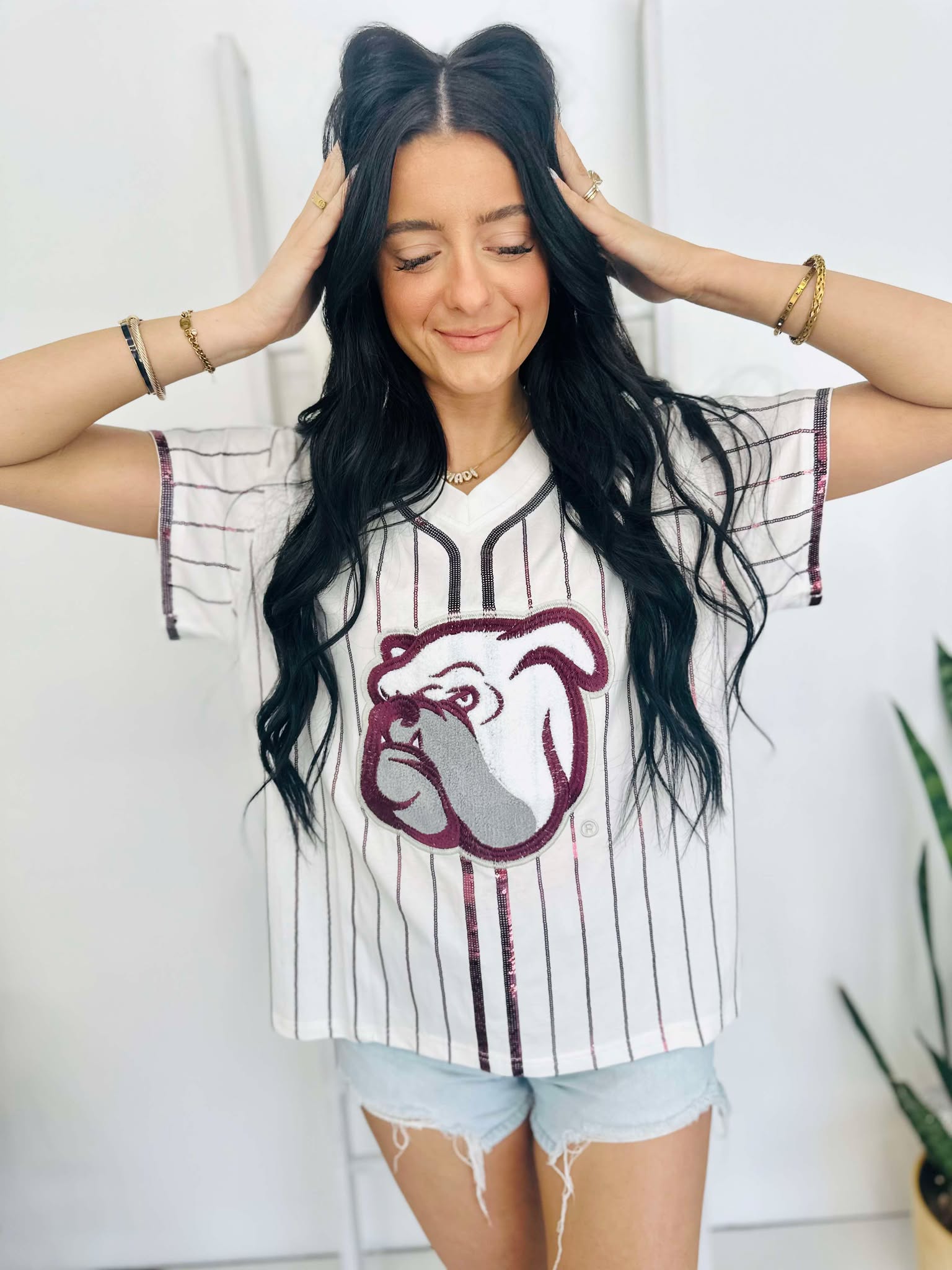 Queen Of Sparkles Licensed- White & Maroon Stripe Bulldog Head Tee