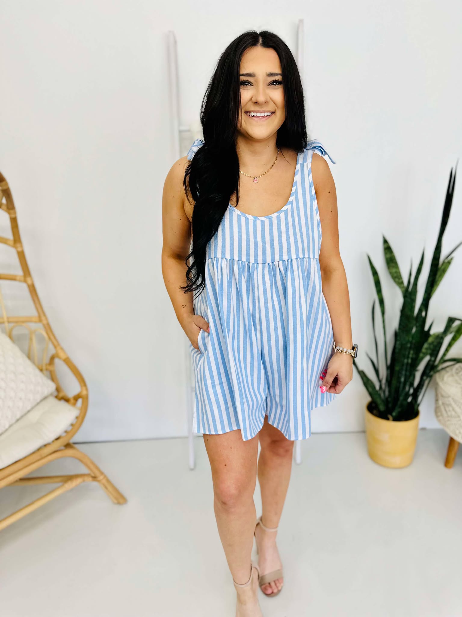 Striped Bow Accent Shoulders Relaxed Fit Romper