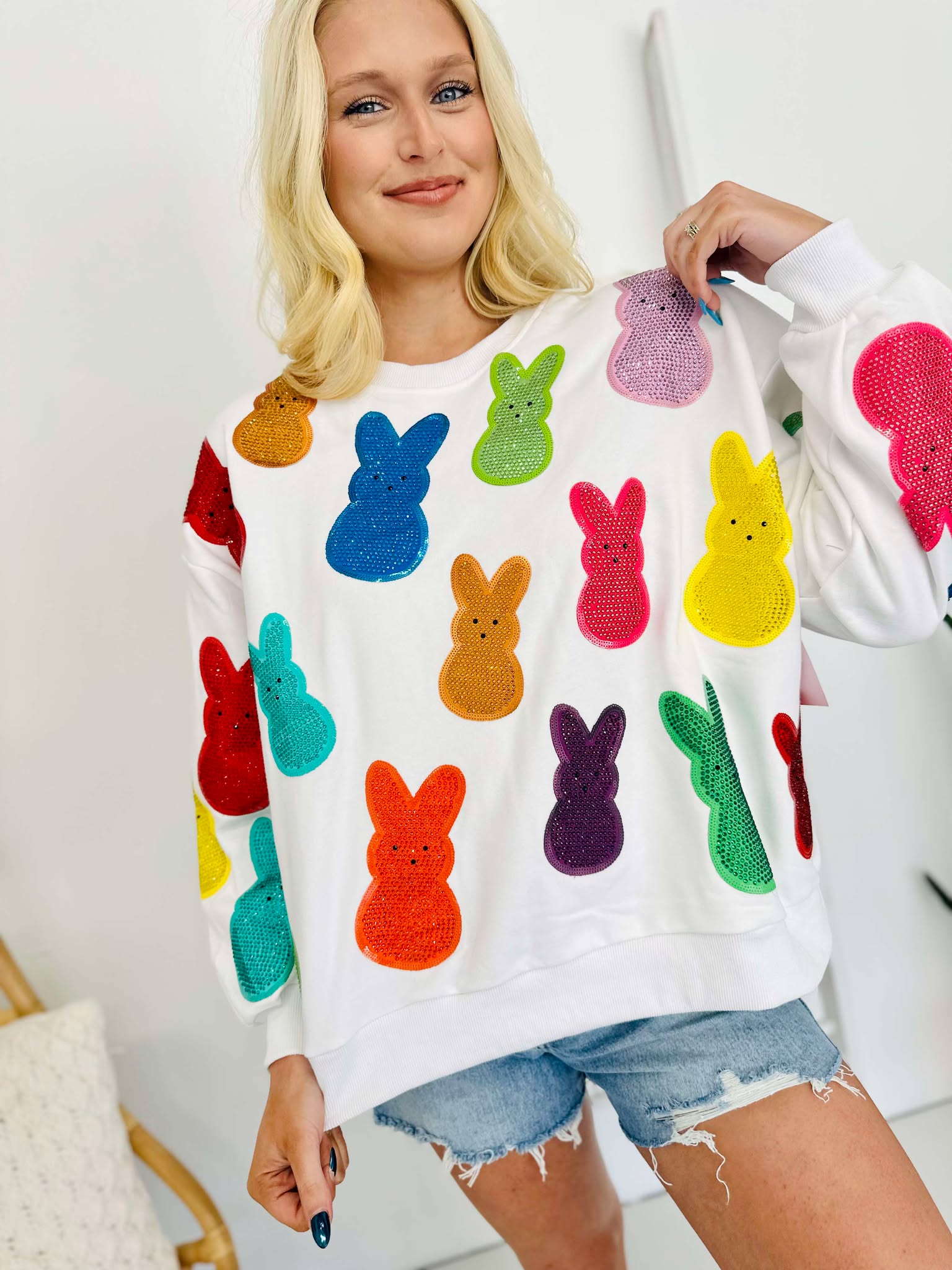 Queen Of Sparkles White Multi Peeps Sweatshirt