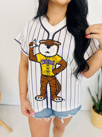 Queen Of Sparkles Licensed White & Purple Stripe LSU Tiger Tee