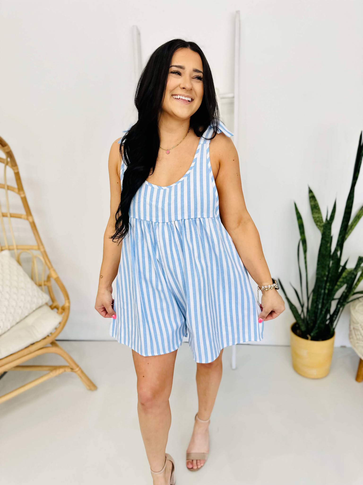 Striped Bow Accent Shoulders Relaxed Fit Romper