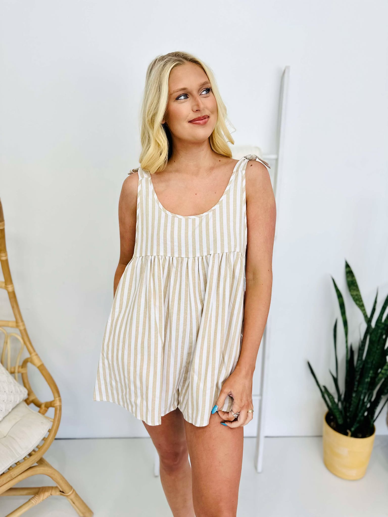 Striped Bow Accent Shoulders Relaxed Fit Romper