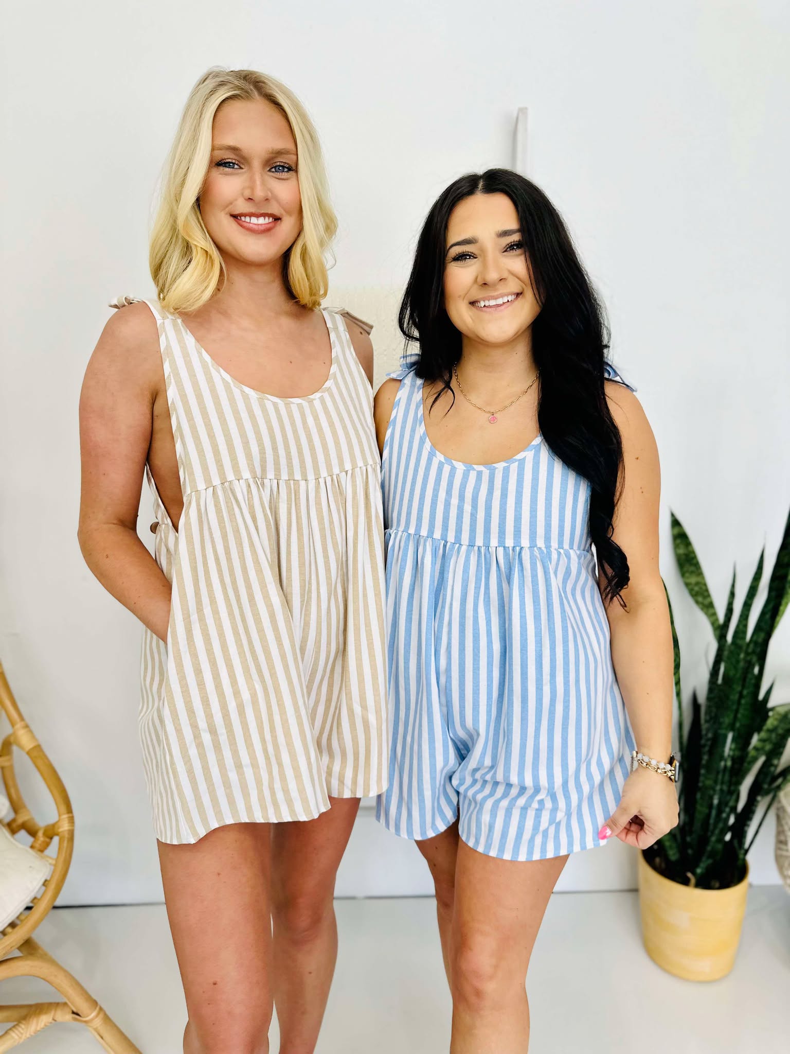 Striped Bow Accent Shoulders Relaxed Fit Romper