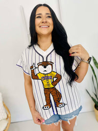 Queen Of Sparkles Licensed White & Purple Stripe LSU Tiger Tee