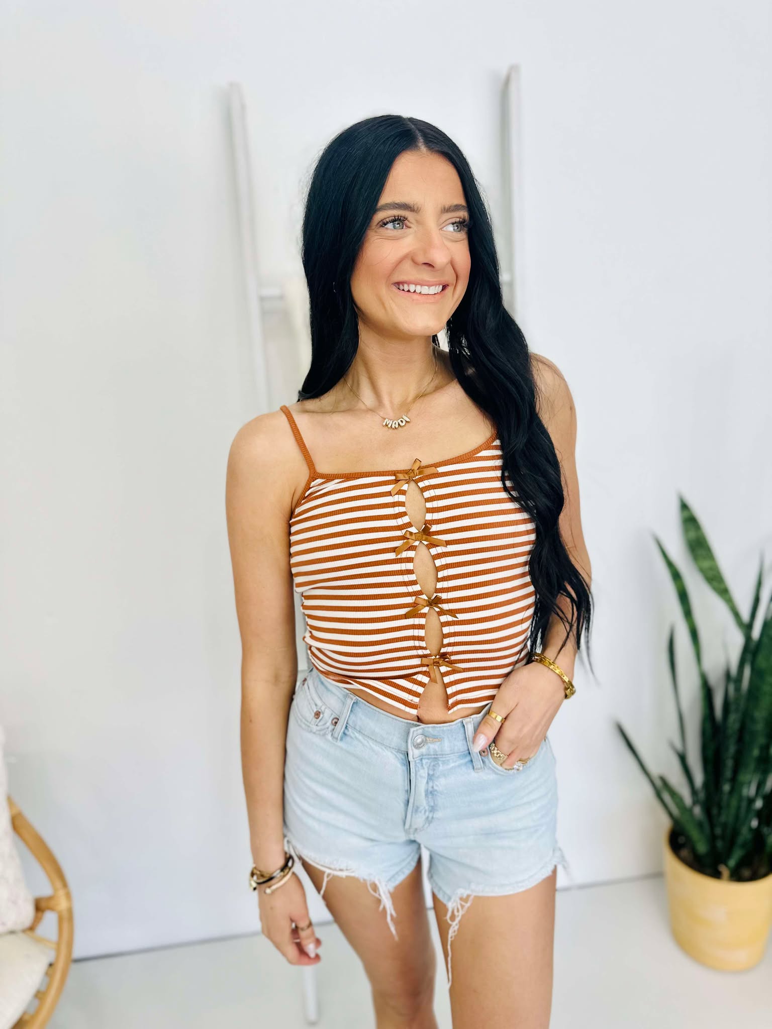 Striped Bow Detail Cropped Cami Top