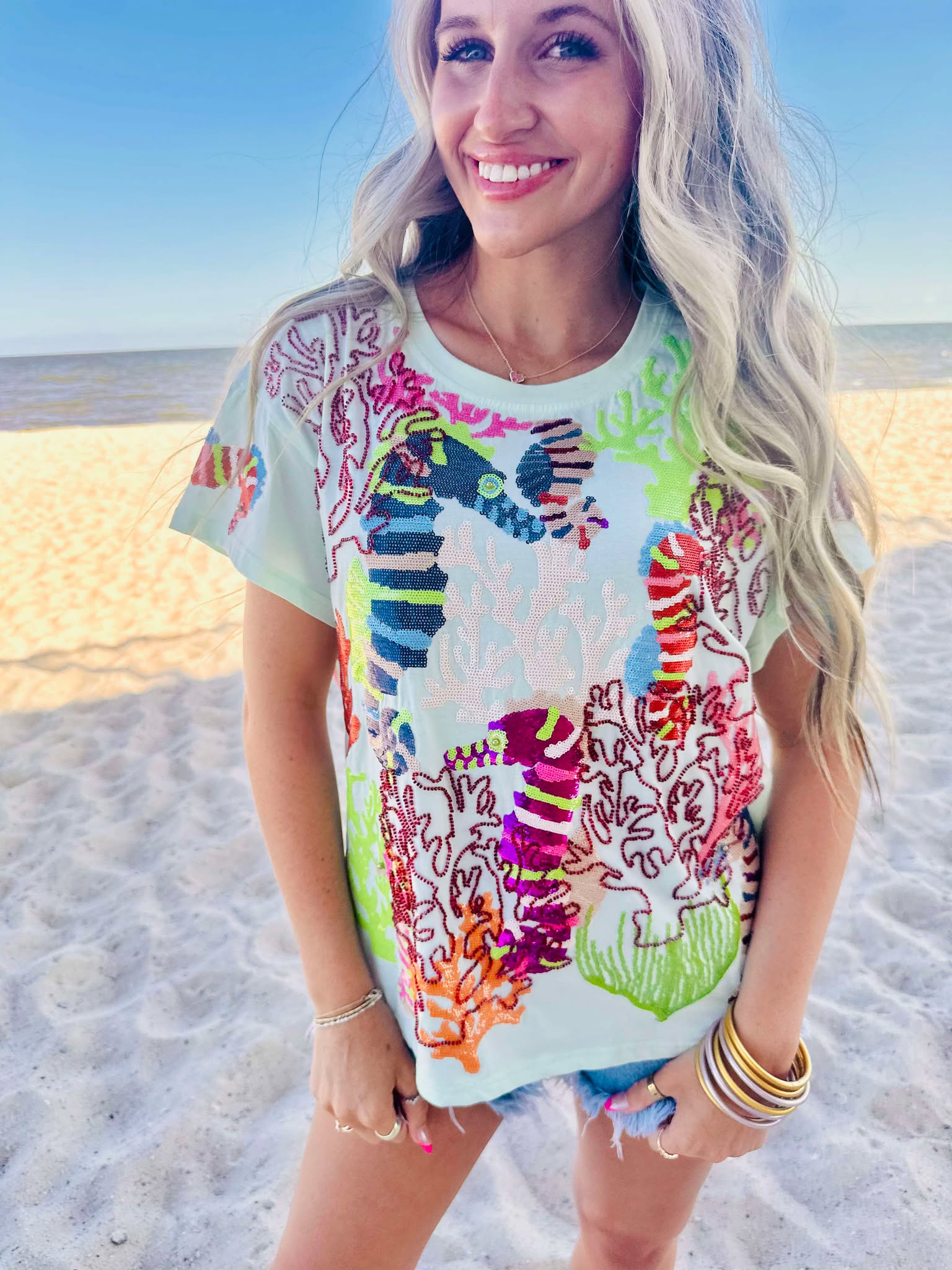Queen Of Sparkles Light Blue Multi Coral & Seahorse Tee