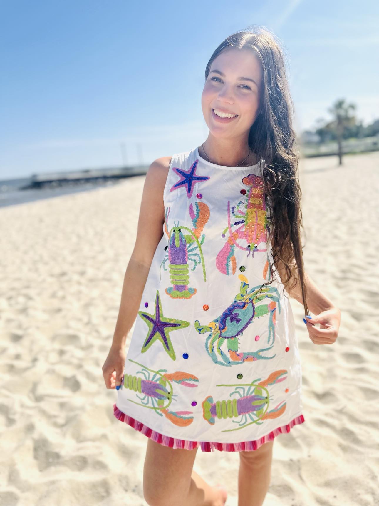 Queen Of Sparkles White Multi Crab, Starfish & Lobster Tank Fringe Dress