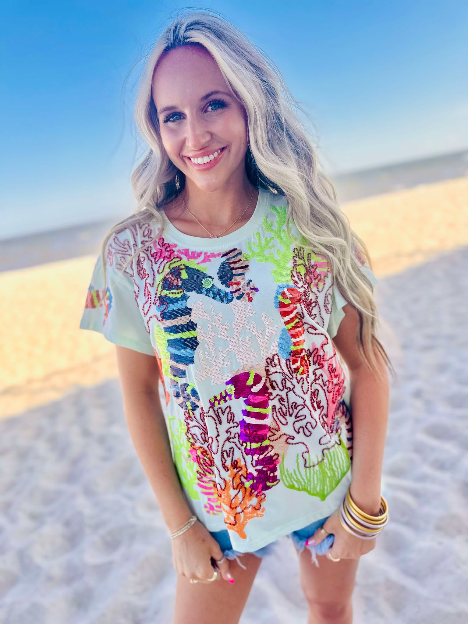 Queen Of Sparkles Light Blue Multi Coral & Seahorse Tee