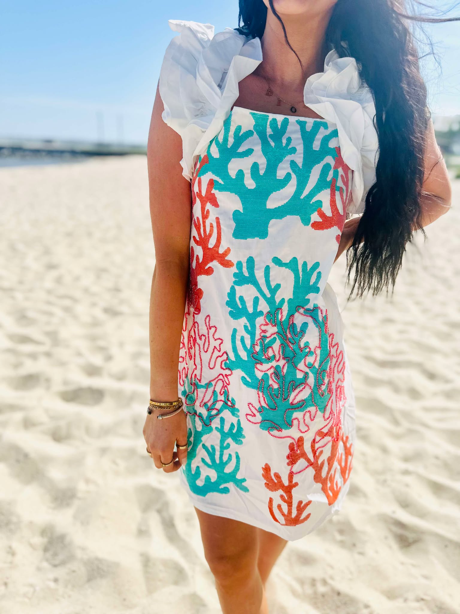Queen Of Sparkles White Multi Coral Ruffle Sleeve Cotton Tank Dress