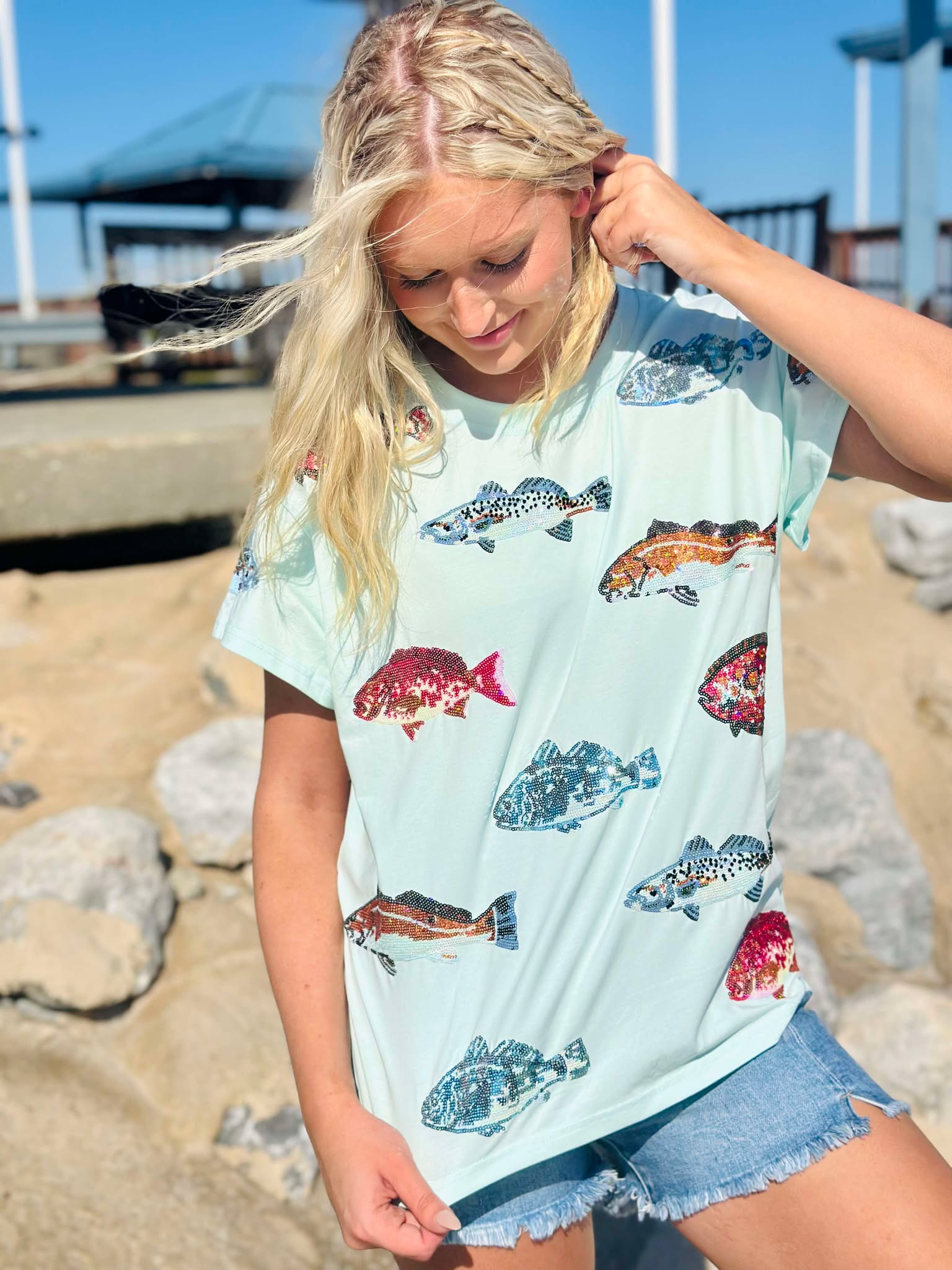 Queen Of Sparkles Mint Multi Fish Tee