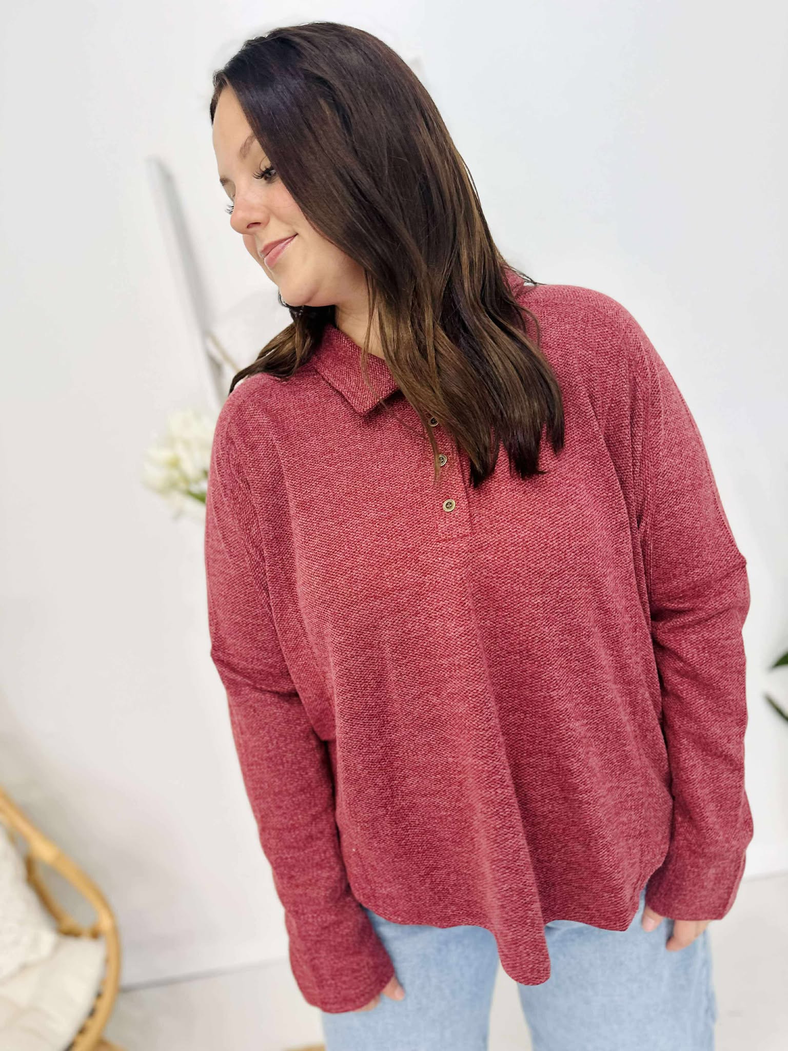 Collared Neck Henley Knit Top