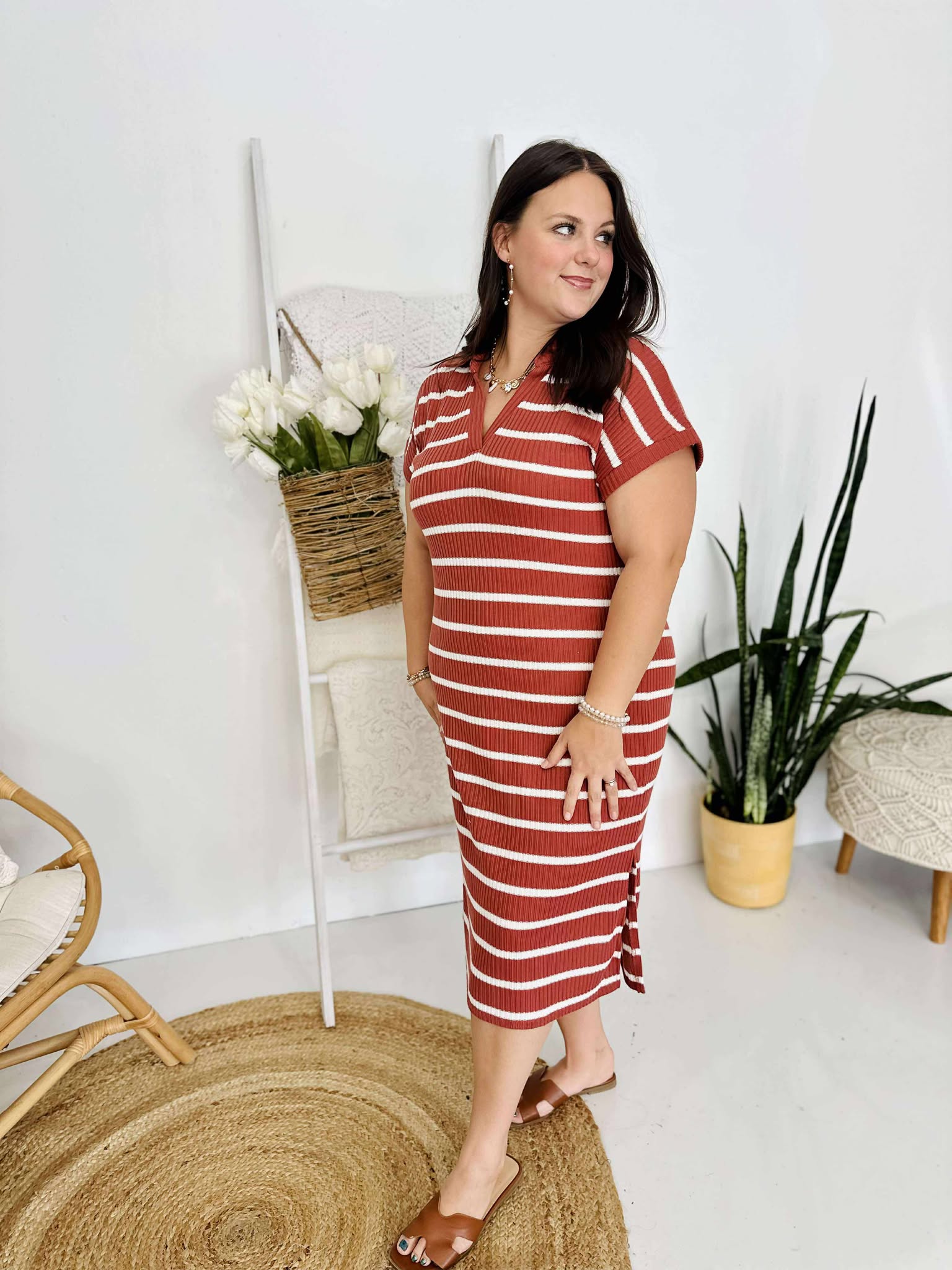 Balcony View Striped Ribbed Dress