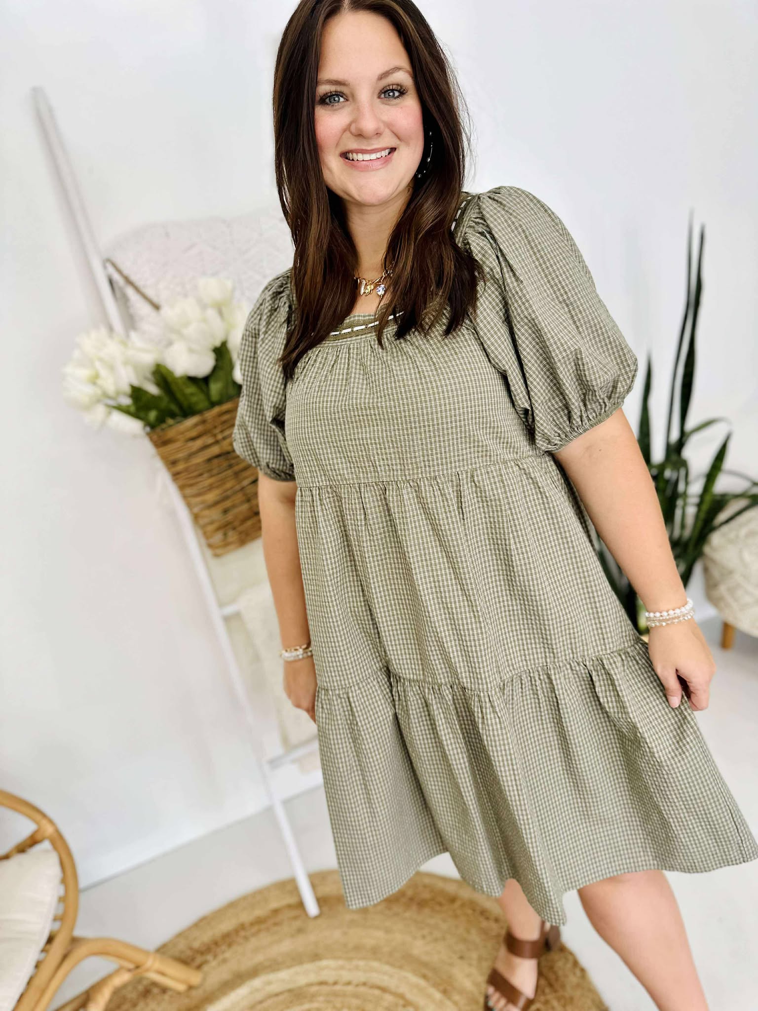 Grid Checkered Tiered Dress