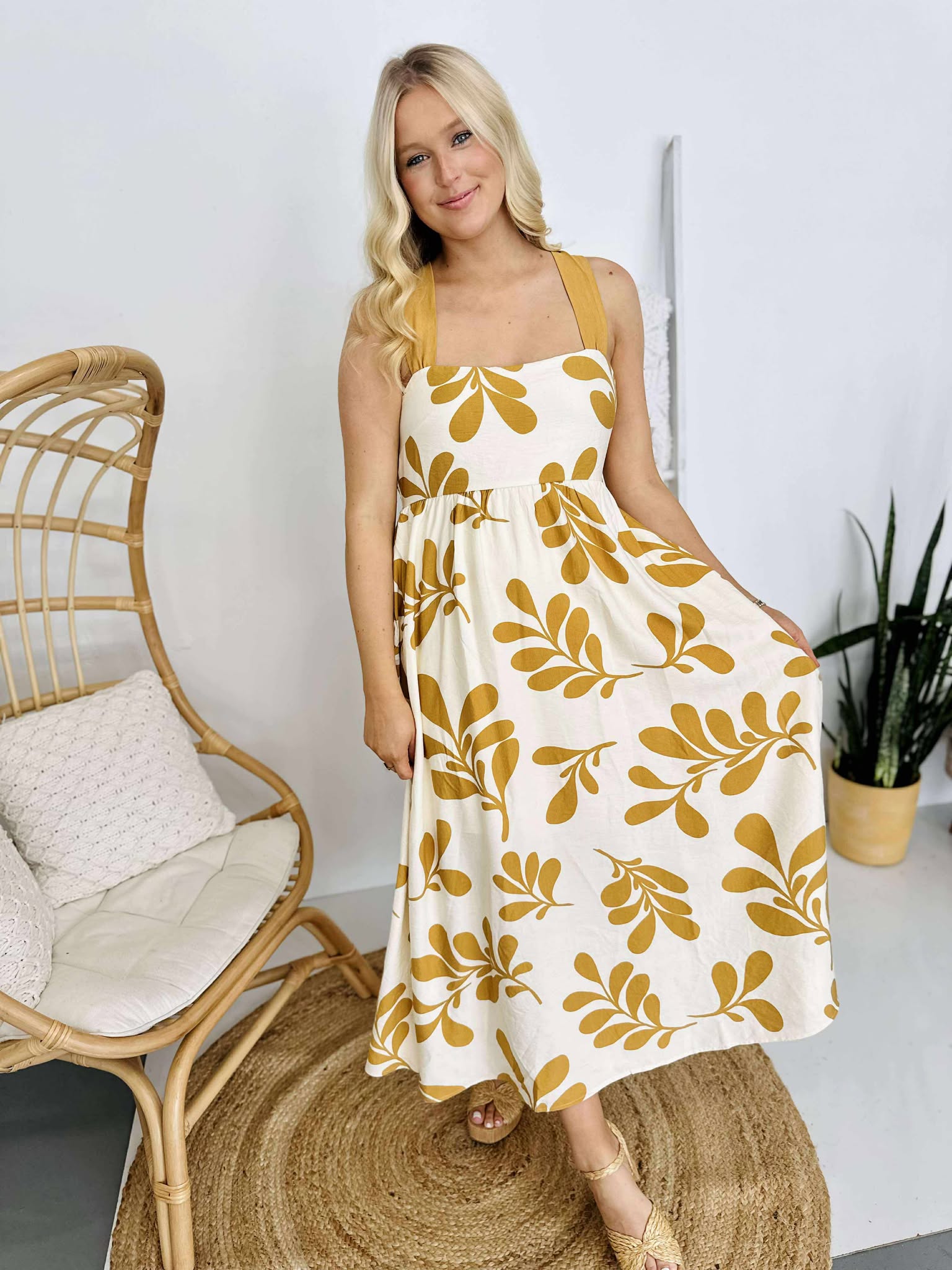 Leaf Print Back Tie Midi Dress