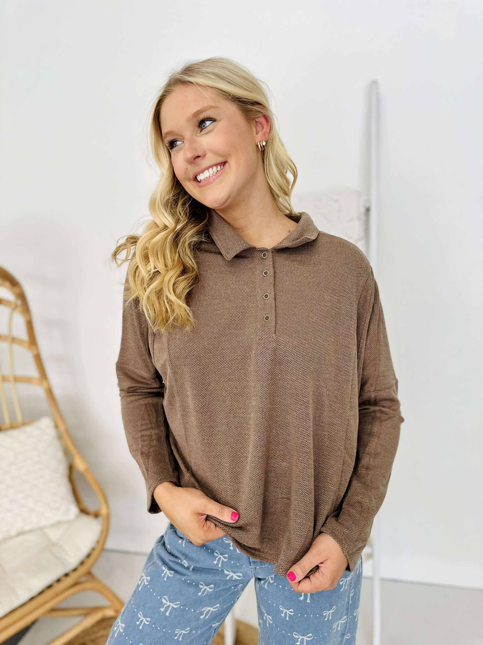Collared Neck Henley Knit Top