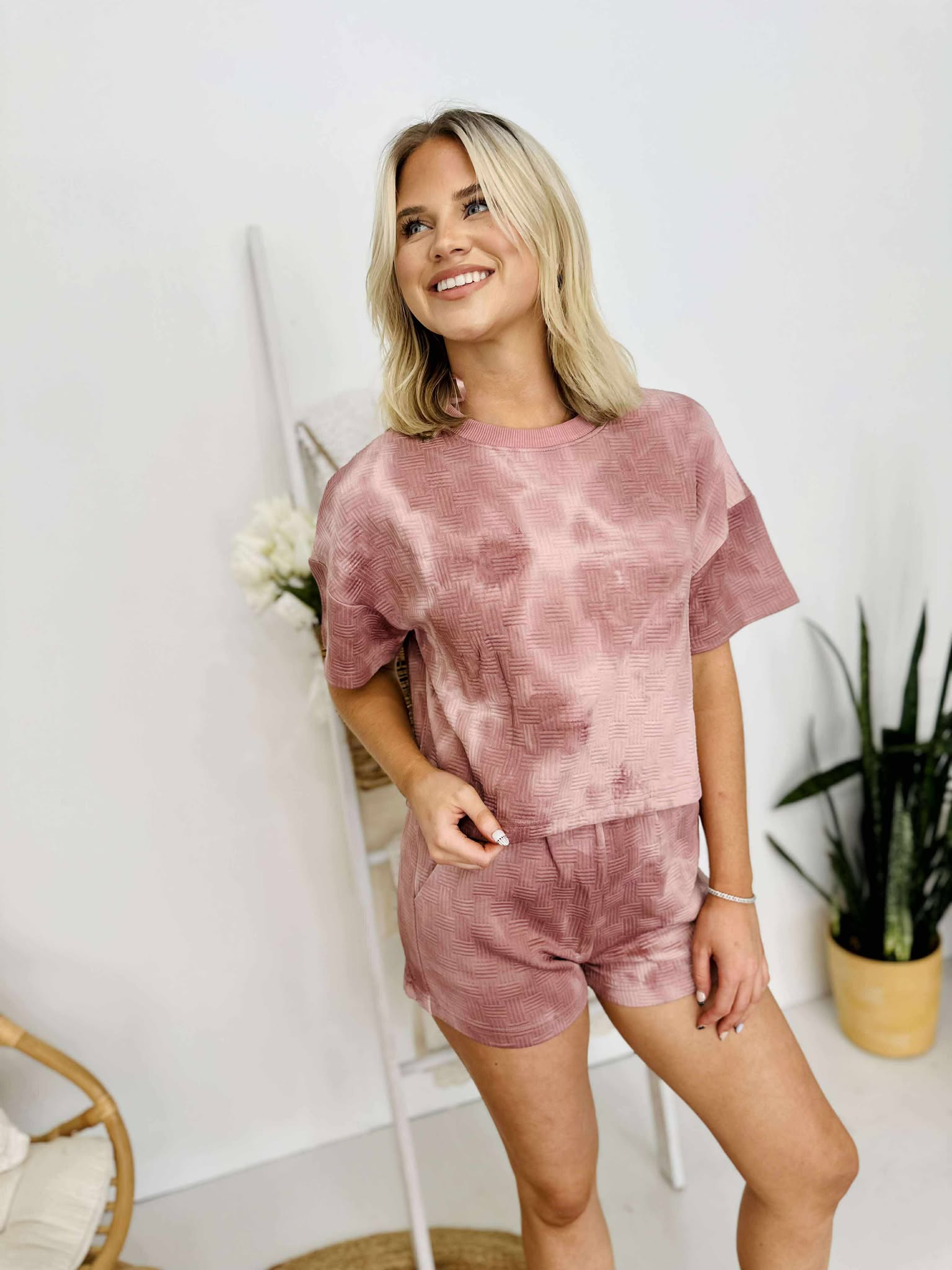 Quilted Acid Washed Shorts Set