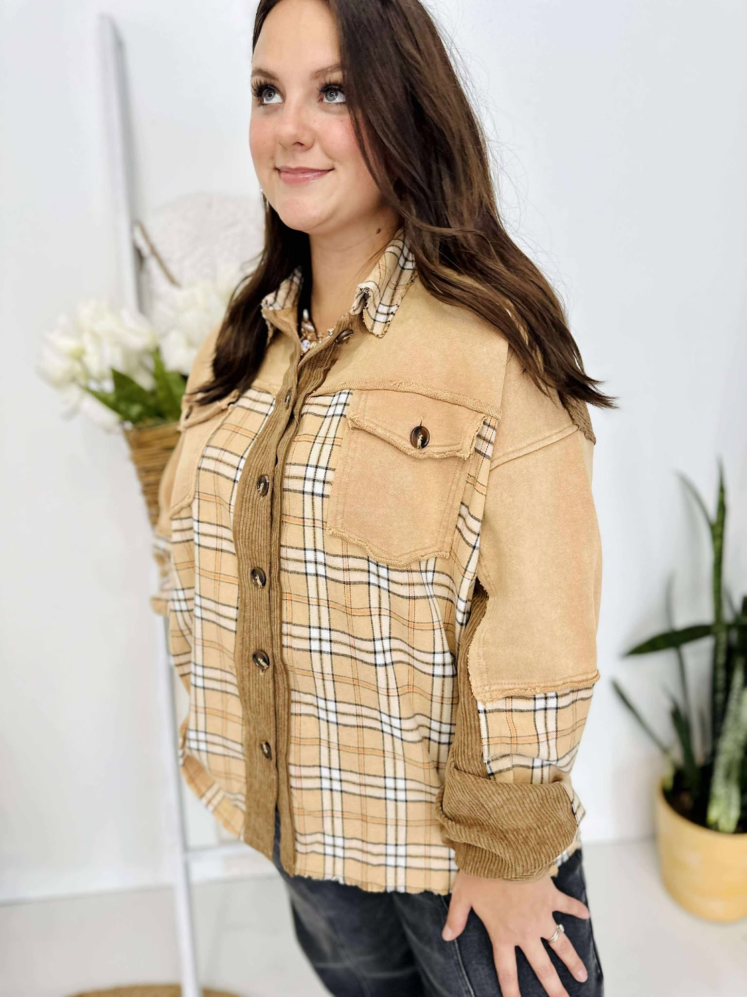 Plaid Mix Corduroy Button Down Shacket