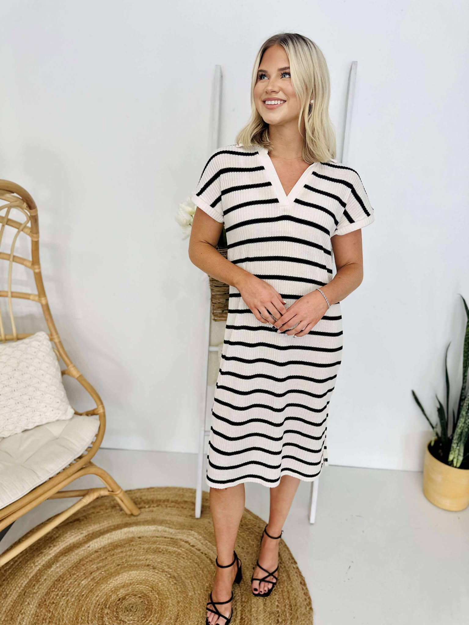 Balcony View Striped Ribbed Dress