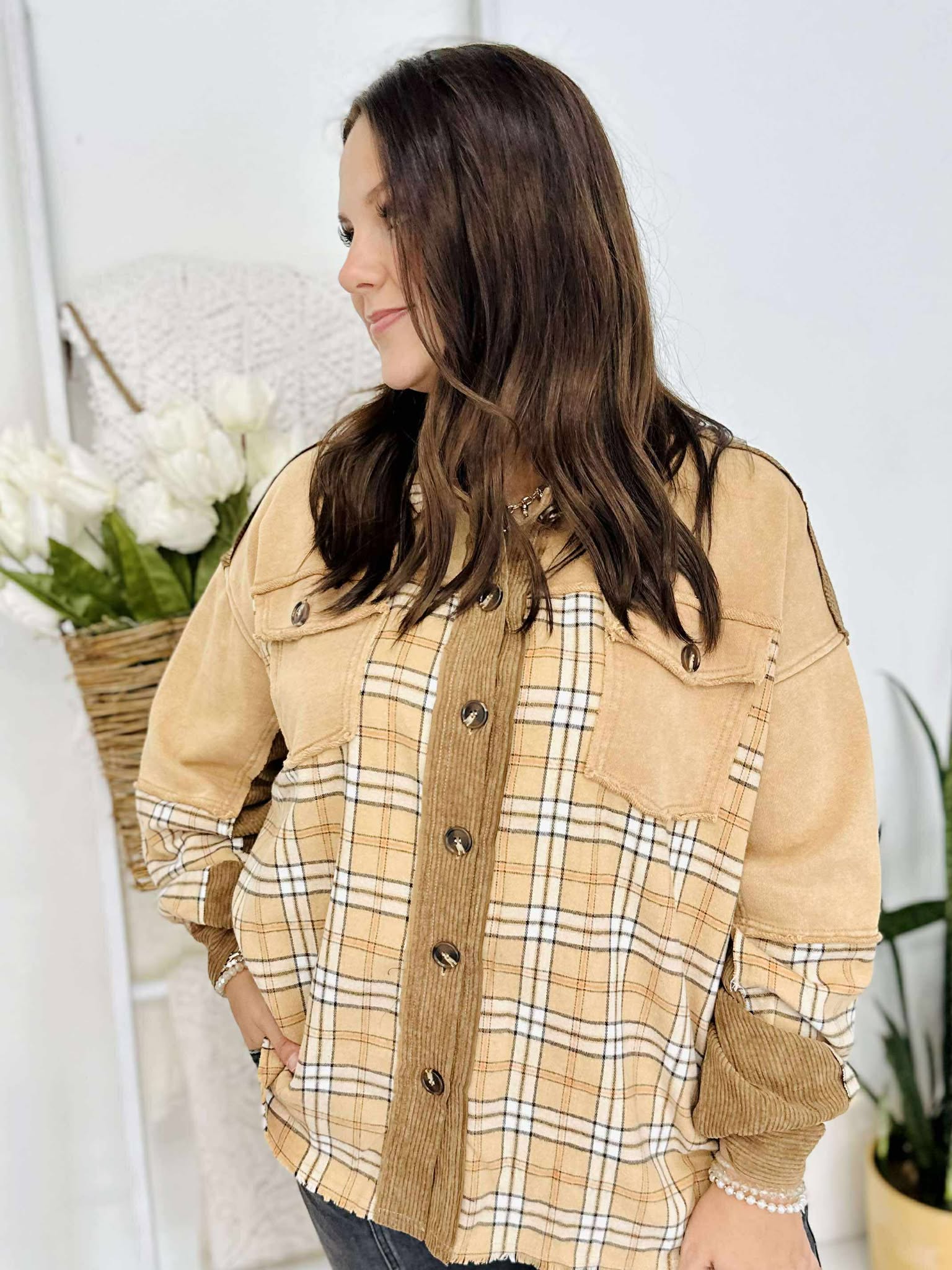 Plaid Mix Corduroy Button Down Shacket