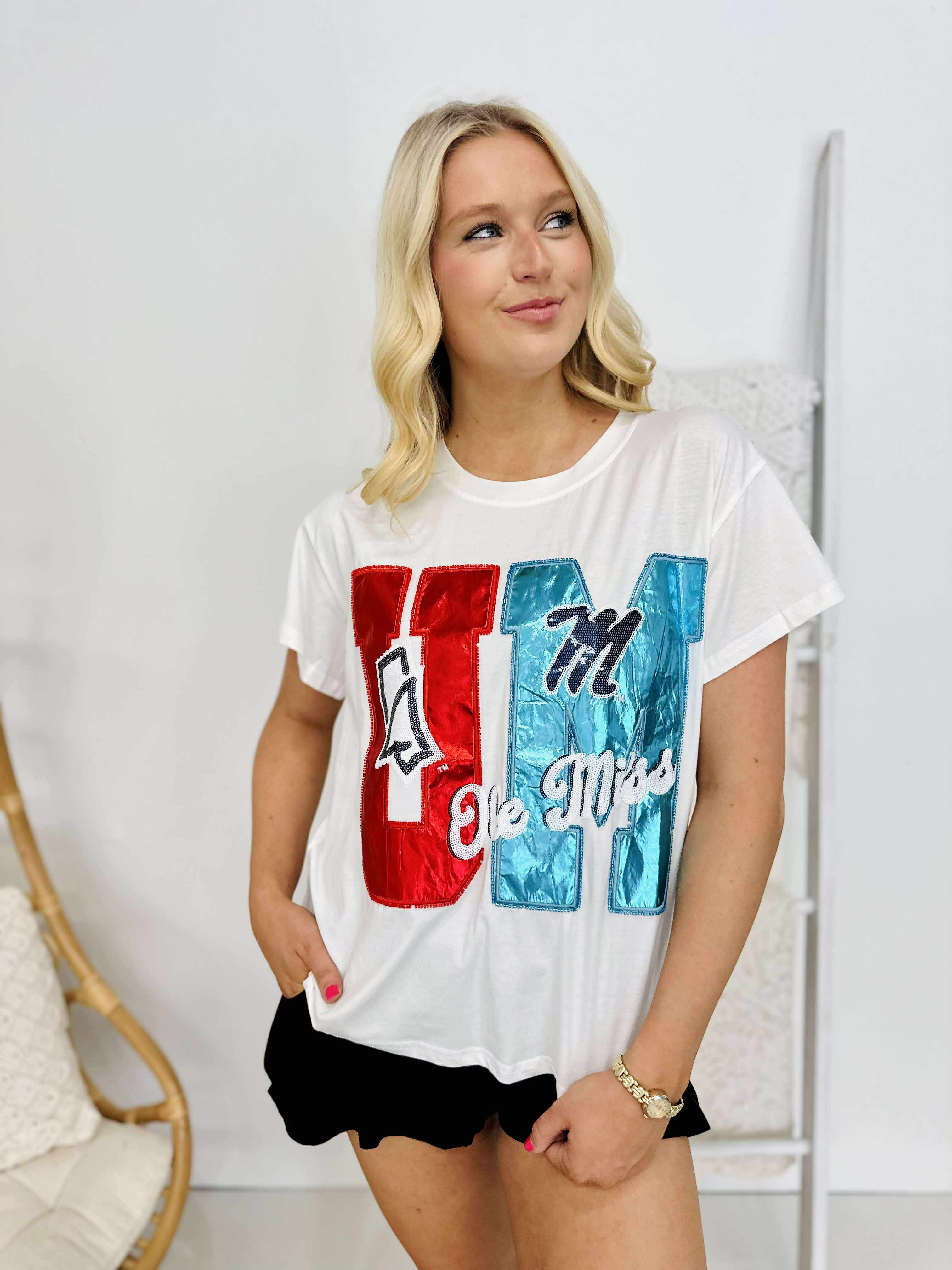 Queen Of Sparkles Licensed Ole Miss Metallic Word with Icons Tee