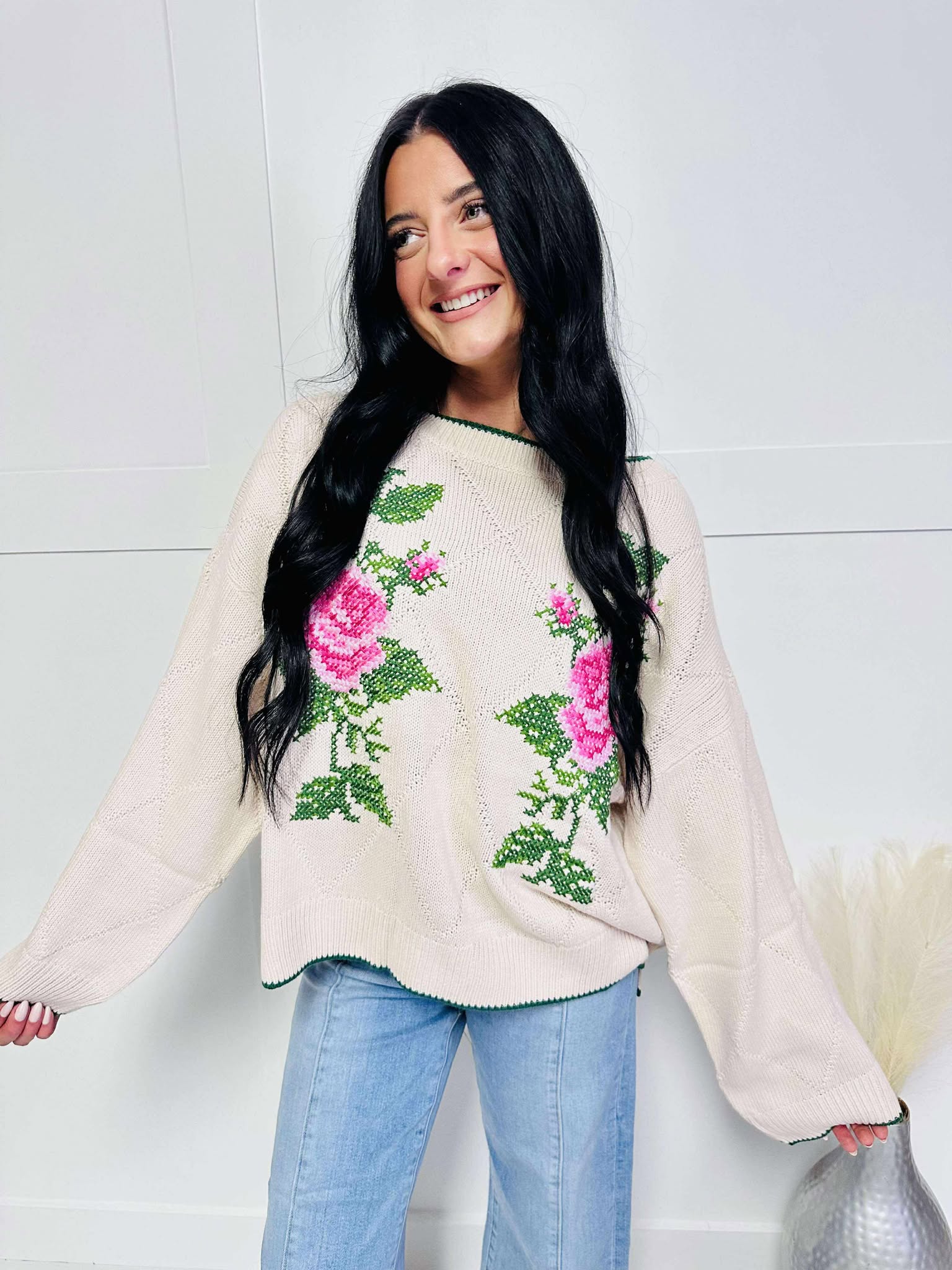 Rose Jacquard Knit Sweater