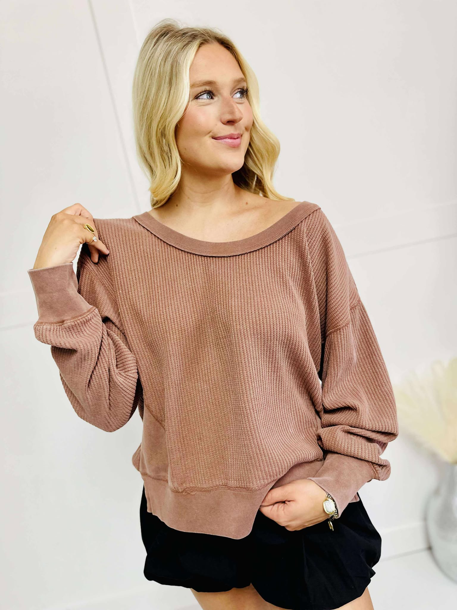 Scoop Neck Waffle Mineral Washed Long Sleeve Top