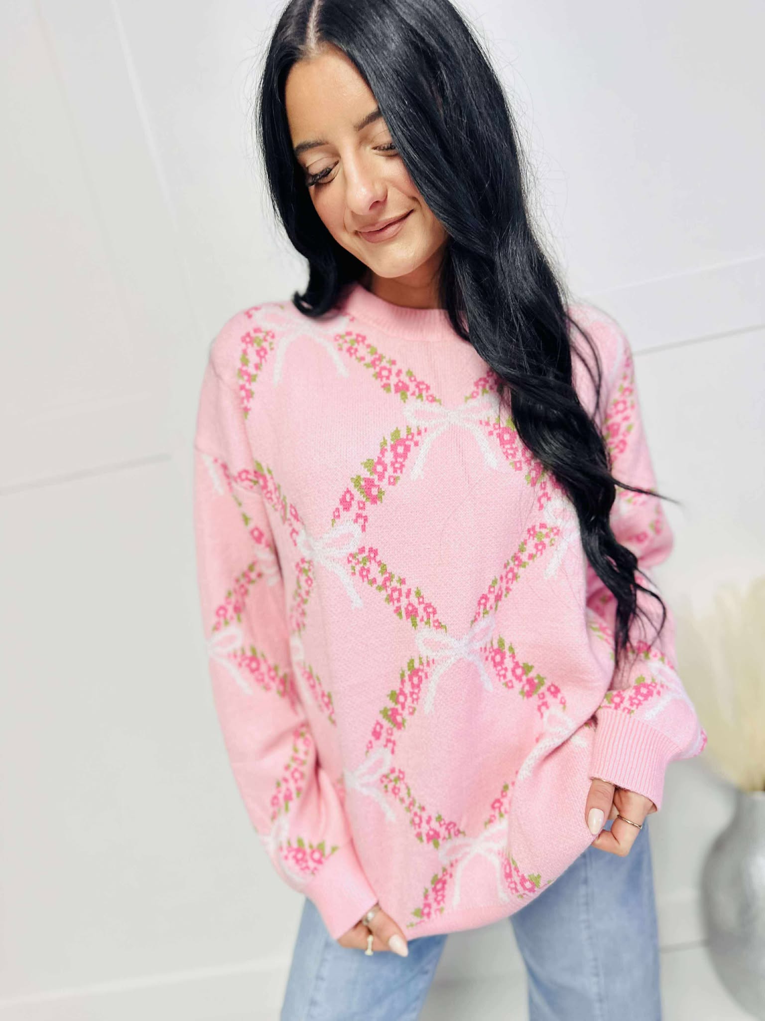 Coquette Ribbon Floral Print Sweater