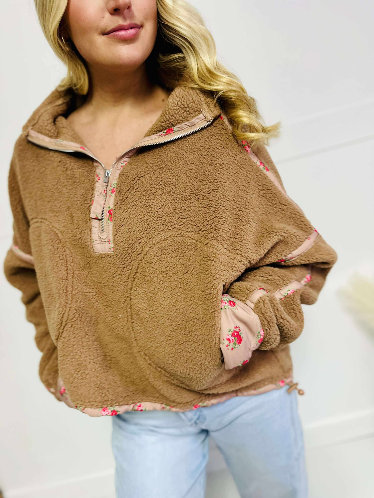 Ditsy Floral Printed Binding Edge Sherpa Jacket