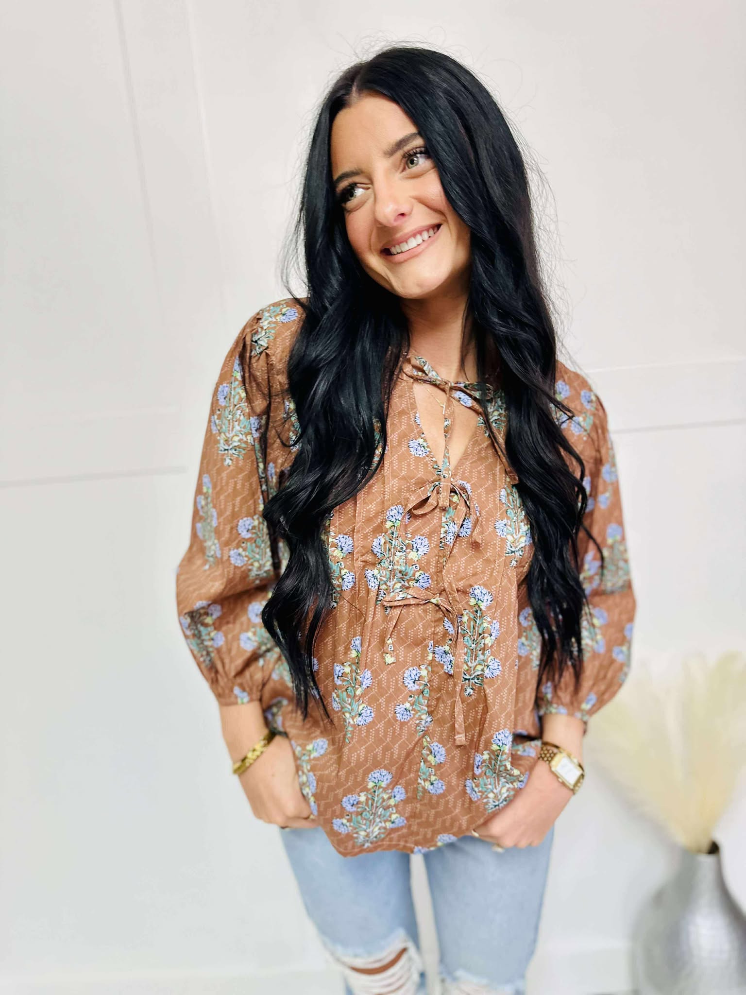 Into Fall Floral Brown Blouse