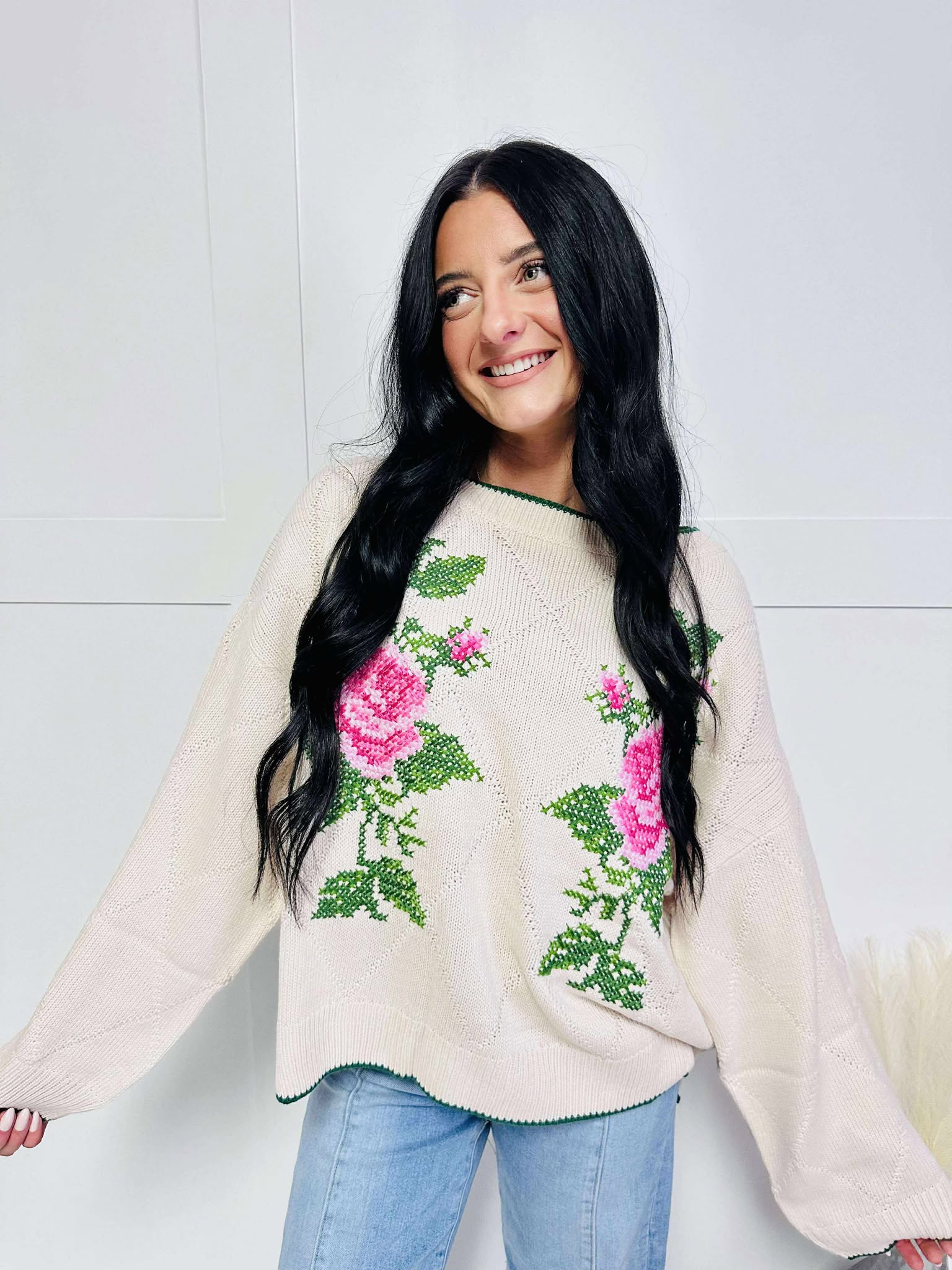 Rose Jacquard Knit Sweater
