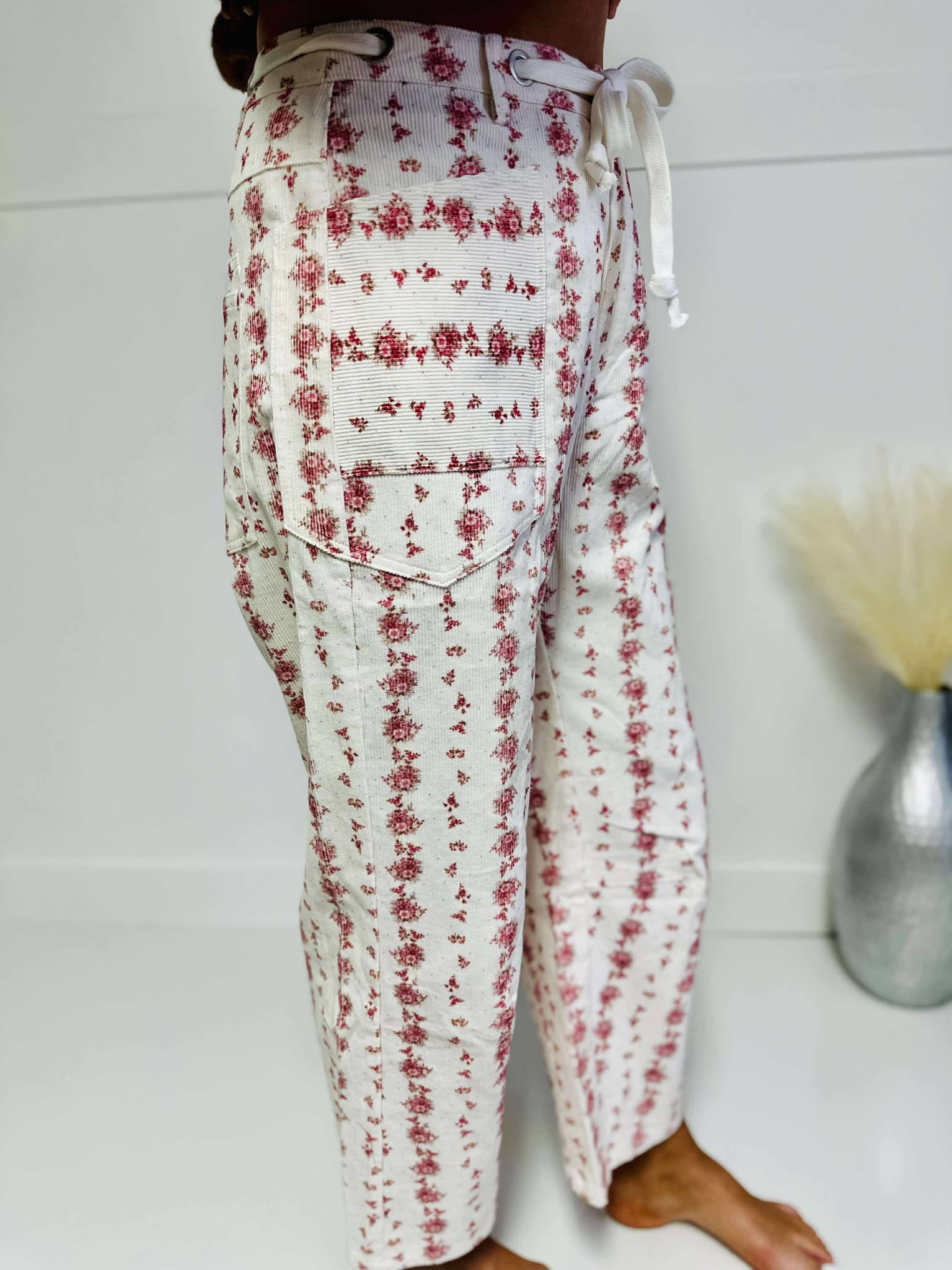 Floral Print Waist Tie Denim Pants-Pink