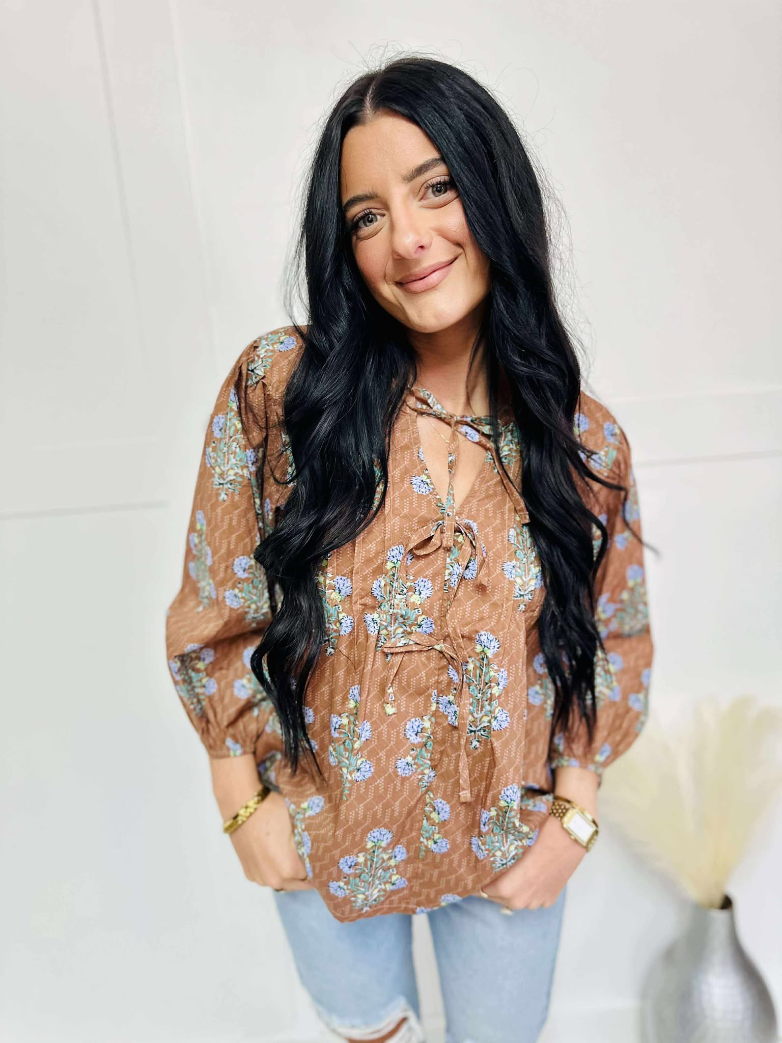 Into Fall Floral Brown Blouse