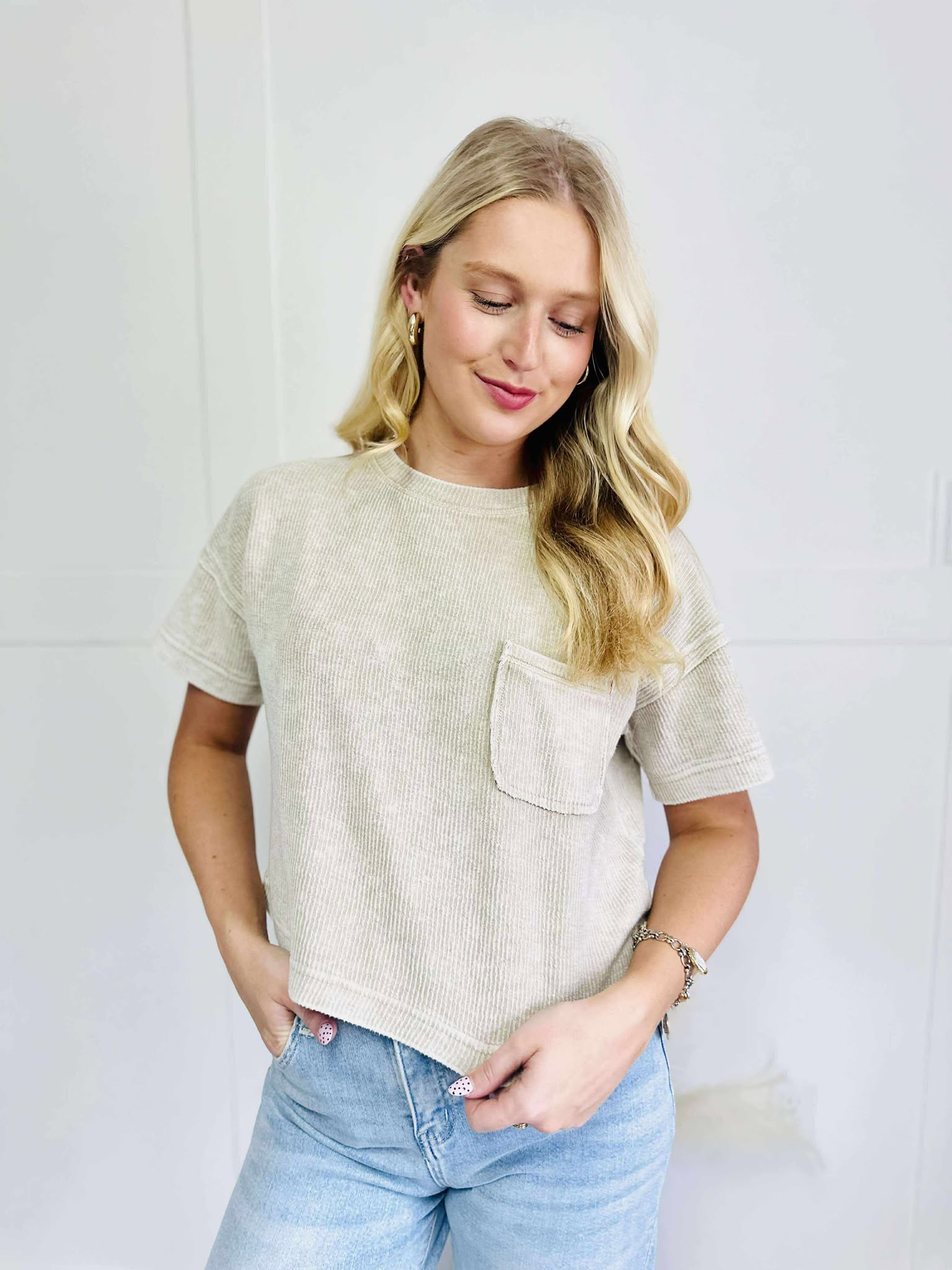 Washed Ribbed Short Sleeve Pocket Tee